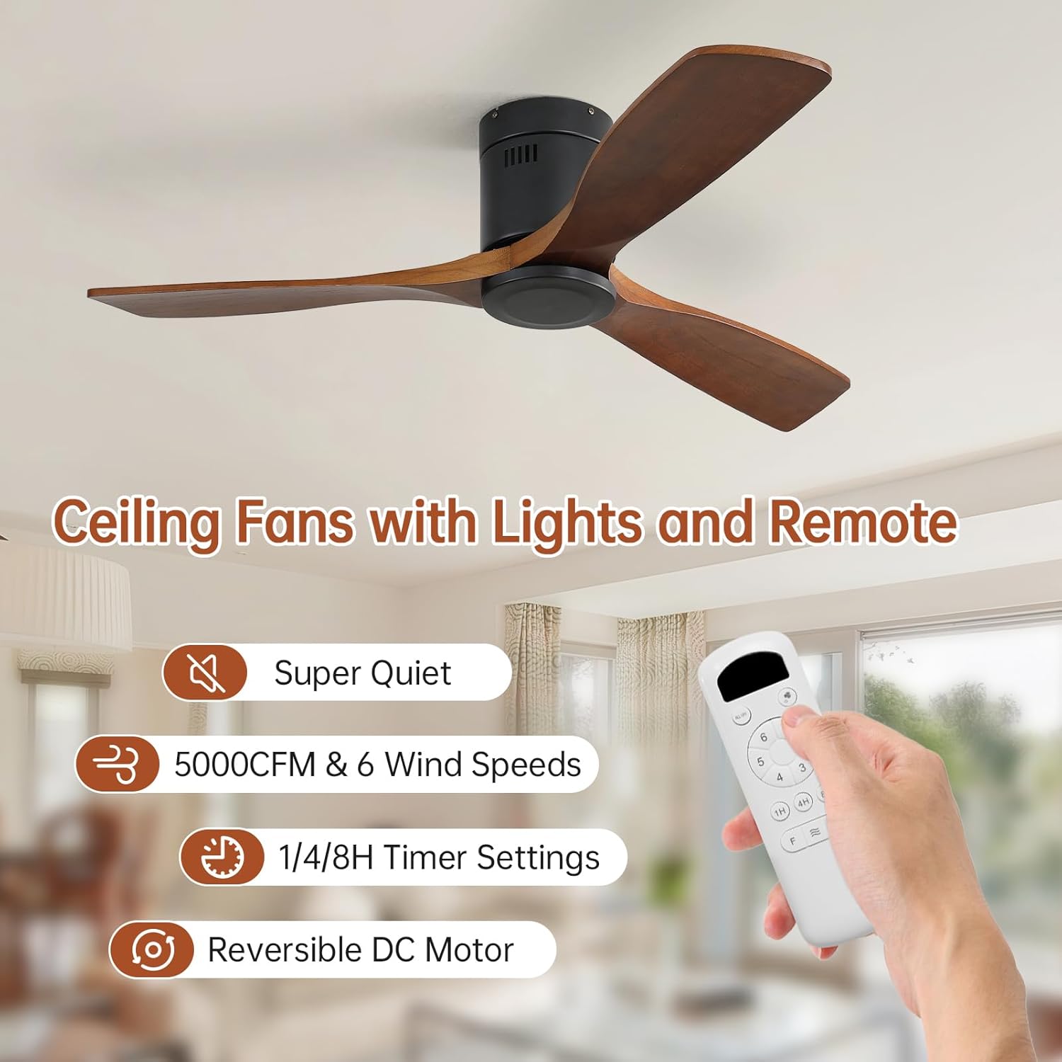 52 Inch Ceiling Fan No Lights with Remote, Low Profile Flush Mount Solid Wood Blades, Quiet Reversible DC Motor for Indoor Outdoor Bedroom Living Room Patio Farmhouse