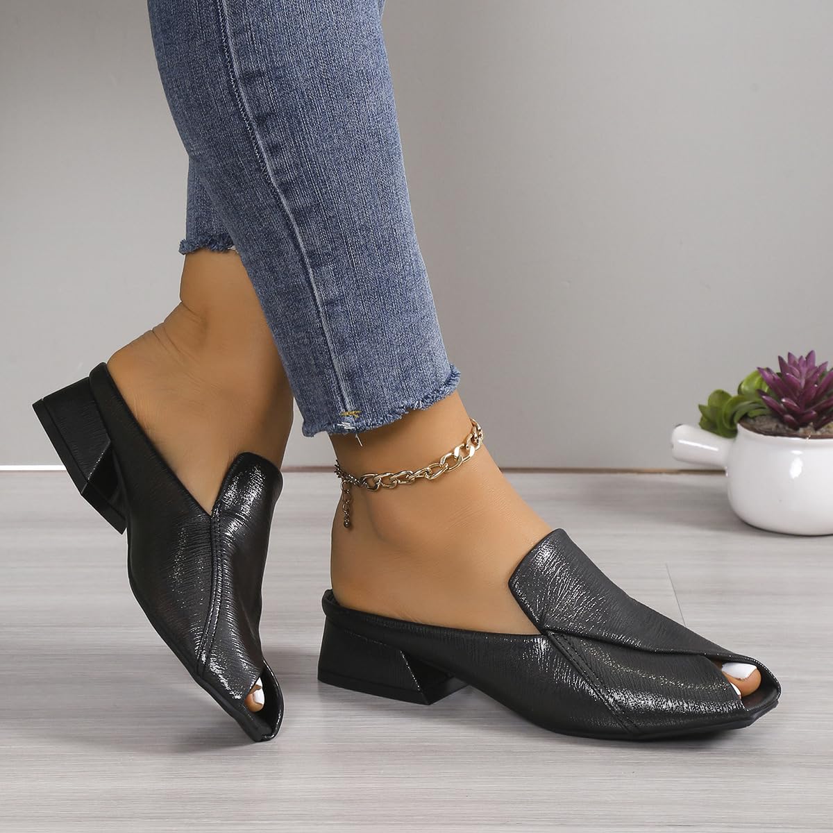 Sandalias elegantes y cómodas de color sólido para mujer, versátiles, para vacaciones, de piel, cuadradas, puntera abierta, tacón bajo