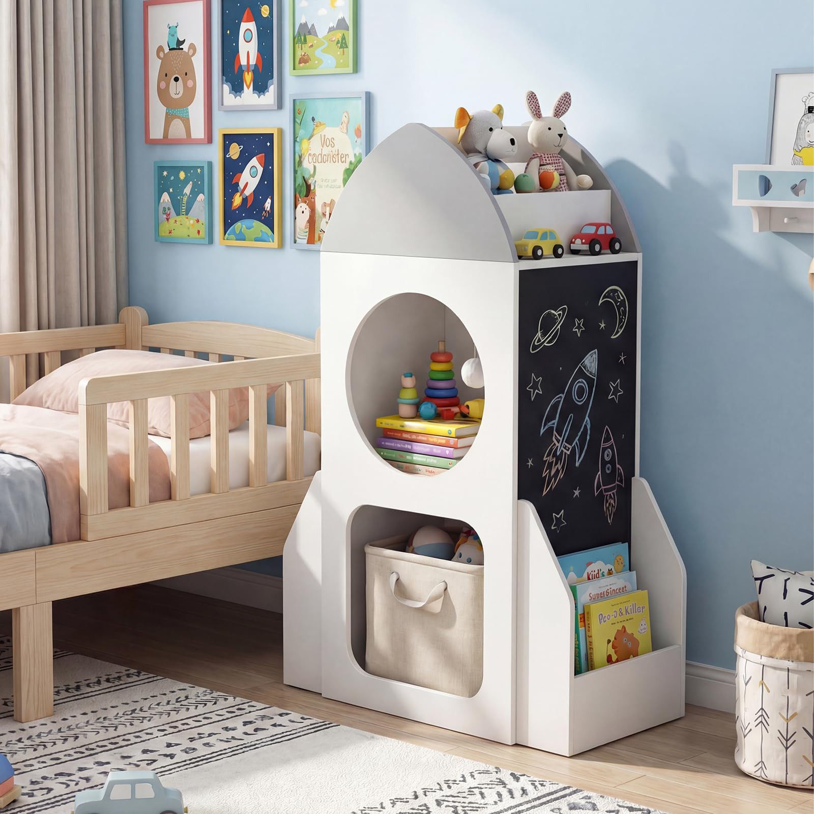 COSTWAY Estantería Infantil de 3 Niveles, Organizador de Juguetes para Niños con Tema Espacial y Pizarra, 2 Compartimentos y Estante Abierto, Estantería de Madera para Aula, Sala de Juego, Guardería