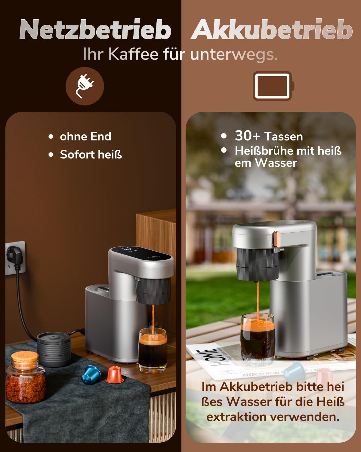 2 en 1 Expresso Machine a Cafe Portable, Chauffe Instantanée&20 Bars, Petite Machine Espresso Electrique Compatible avec les capsules NS et le café moulu pour camping et intérieur