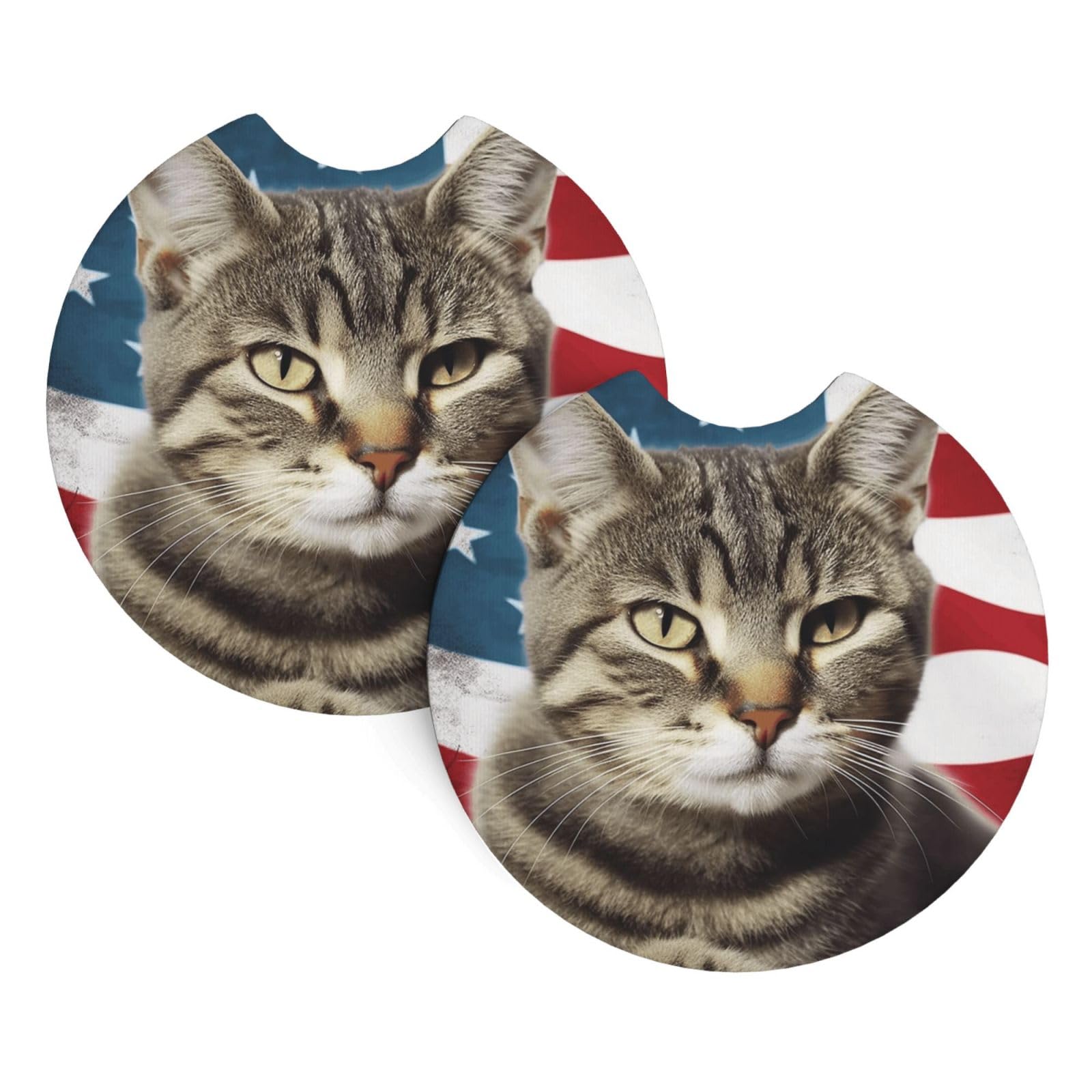 2PCS Car Coaster for Cup Holders Universal Auto Cup Mat American Cat USA Flag Cup Coaster Pad 2.7" Waterproof Neoprene Non-Slip Cup Holder Coasters Car Interior Accessories for Women Men