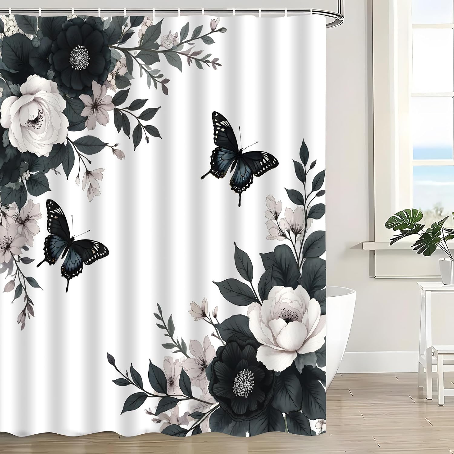 Black Grey Floral Shower Curtain Rustic Dark Flower Butterfly Vintage Botanical Watercolor Leaves Plant Simple Nature Aesthetic Bath Decor Curtain with Hooks, 70x70 Inch