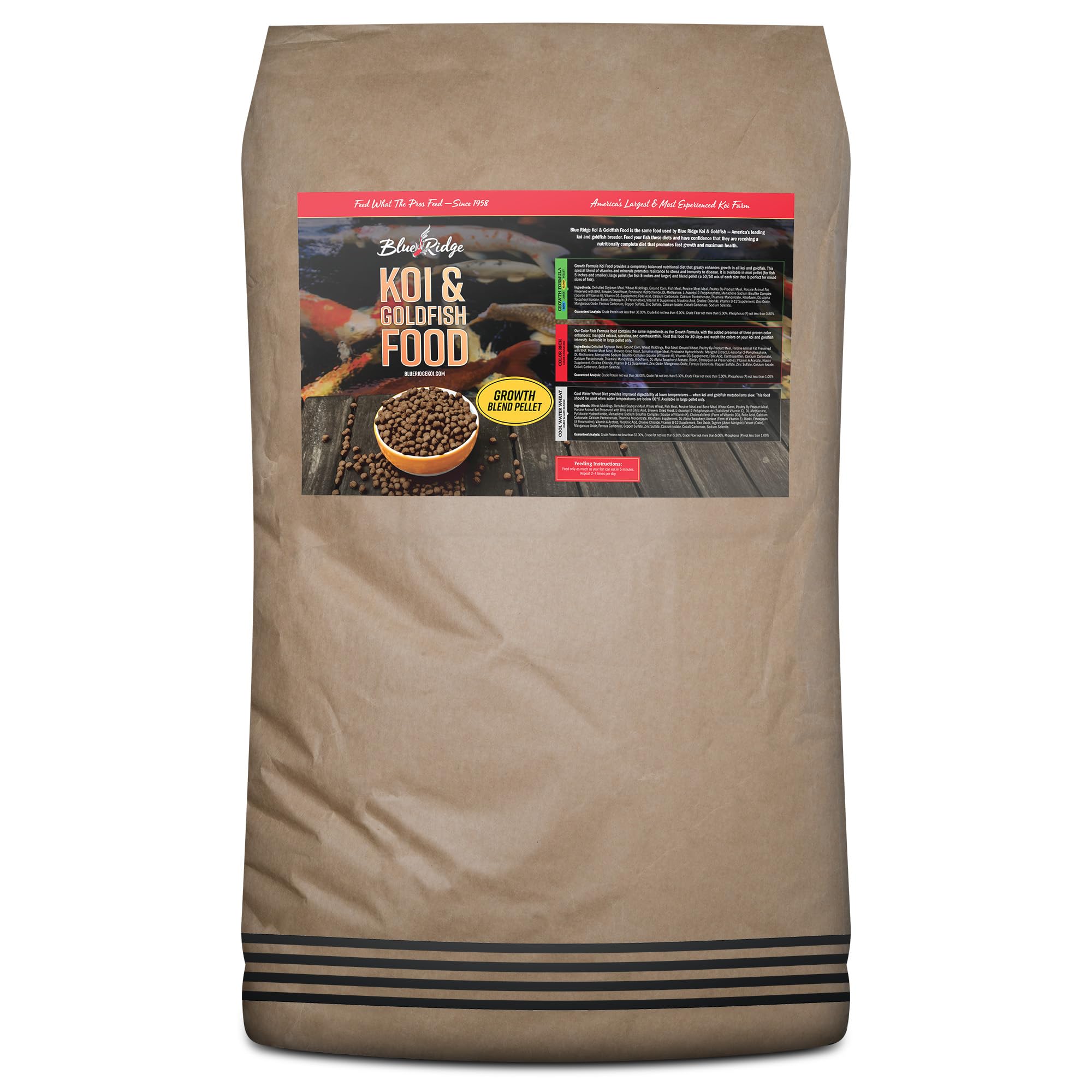 Blue Ridge Koi Fish Food 50lb - Koi Food 3/16” Large and Mini Blend Growth Formula, Goldfish Food, Premium Fish Food for Ponds, Ponds Fish Food, Floating Pond Pellets
