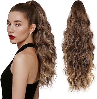 18" Ponytail Extension, Claw Clip Ponytail Extensions for Women Wavy Pony Tails Hair Extensions Fluffy Natural Looking Synthetic Hairpiece for Daily Use (Light Brown Mixed Honey Gold)