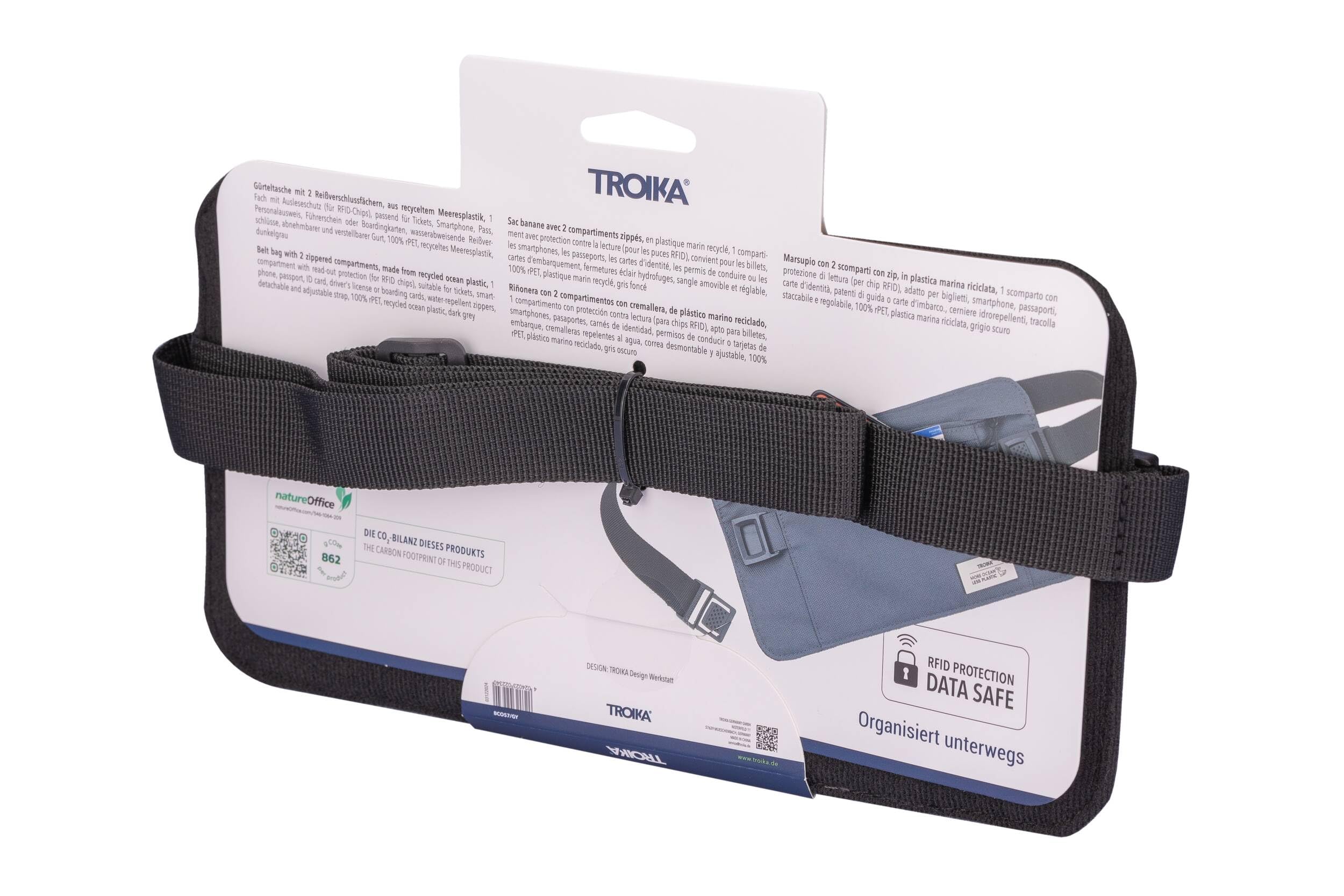 TROIKA Torba na pasek Blue Cycle Belt Bag – 1 kieszeń z ochroną przed odczytem – pasuje na bilety, smartfony, paszport, dowód osobisty, karty pokładowe, plastik morski z recyklingu, ciemnoszary,