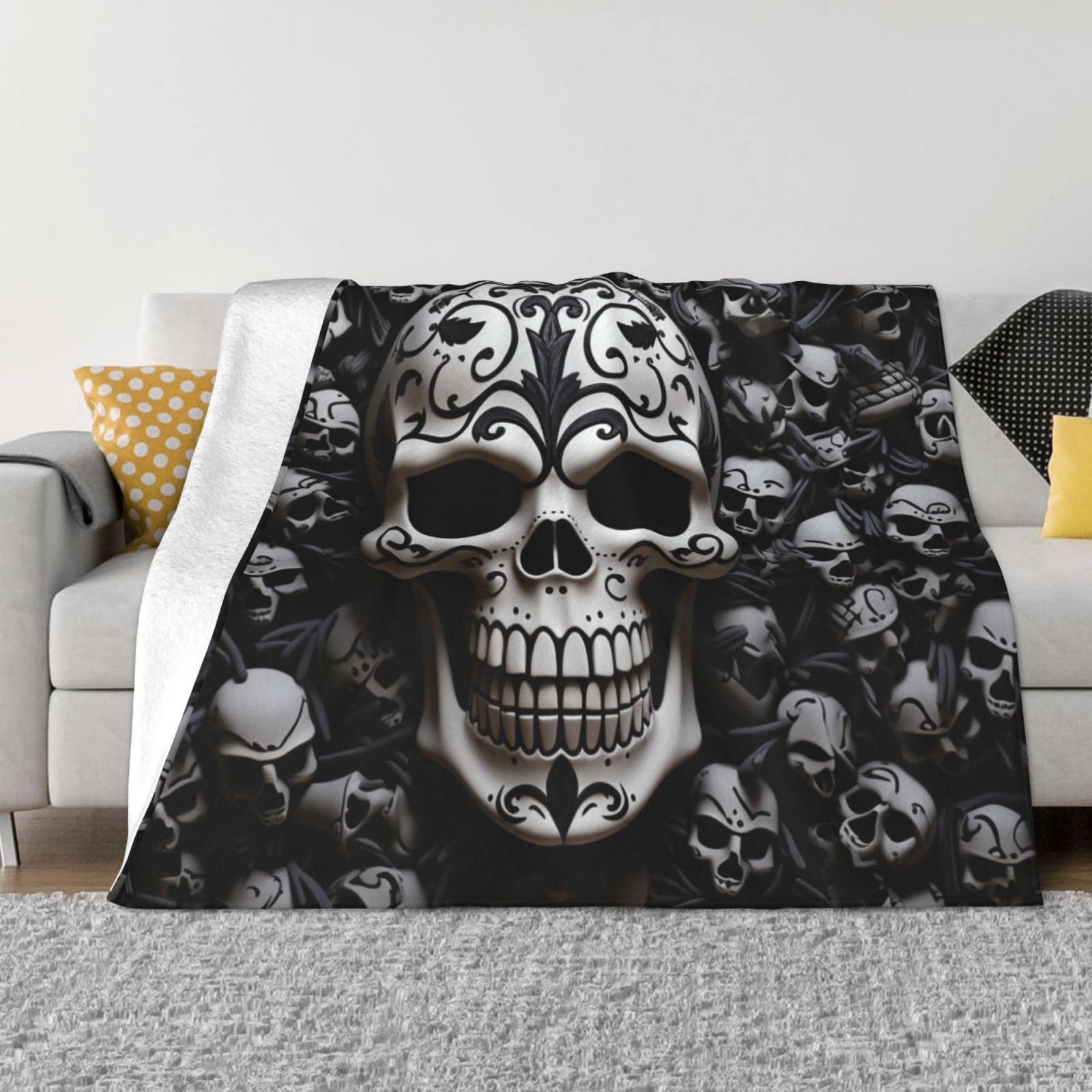 FodPand Black and White Skulls Fleece Blanket 50"x40" Lightweight Warm Throw Blanket for Bed Couch Cozy Air Conditioning Quilt All Seasons Decorative Fuzzy Blankets Gifts for Women Men