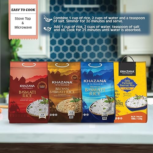 Miniatura 6 de Khazana Arroz Basmati ultra largo de alta calidad bolsa resellable con cremallera de 10 libras aromático envejecido sabroso grano auténtico de la