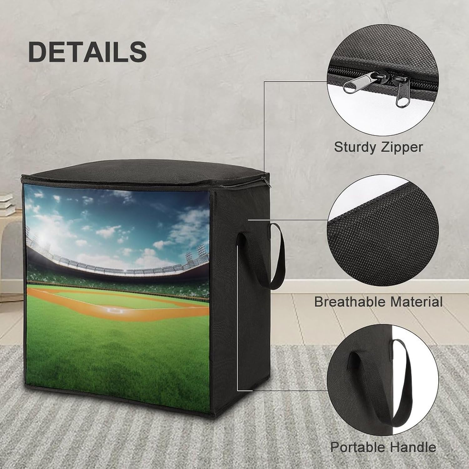 Quilt Storage Bag,Green Baseball Field Backdrop Printed Large Foldable Storage Container Portable Travel Storage Bag for Blankets, Quilts, Clothes, Comforter, Bedding And Pillows