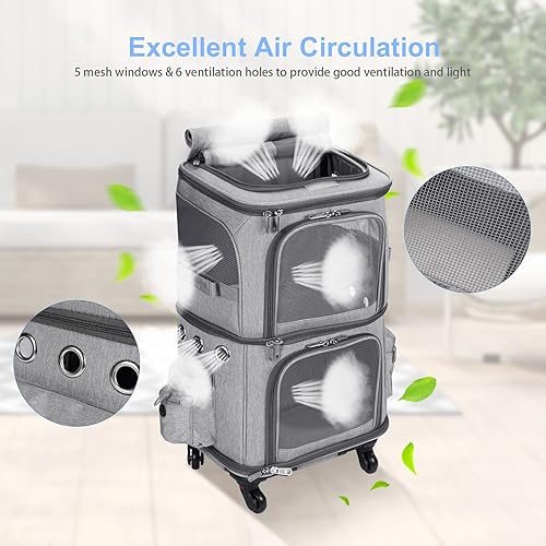 Miniatura 10 de Mochila transportadora de mascotas de doble compartimento con ruedas para gatos pequeños y perros, transportador rodante para 2 gatos, perfecta para