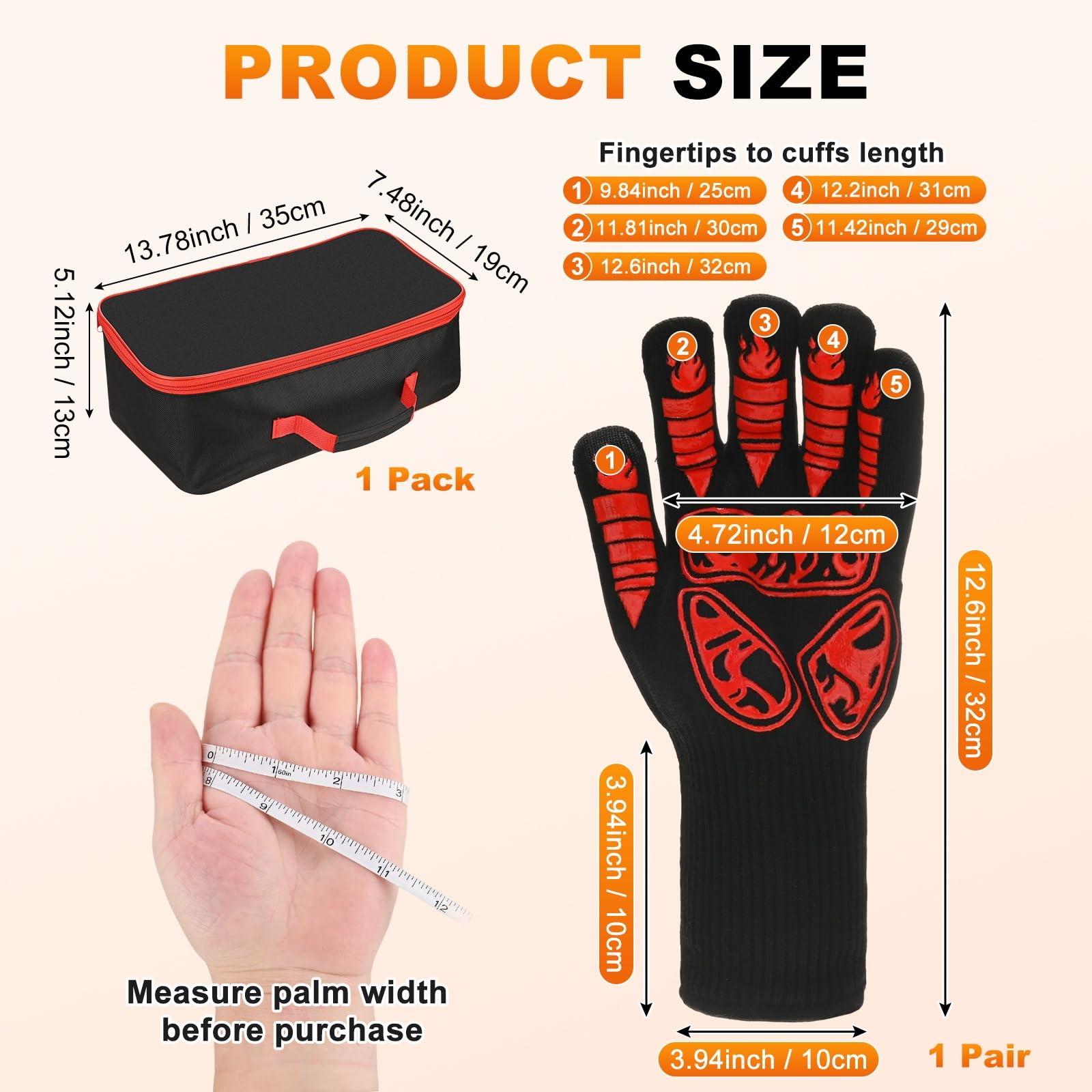 M METERXITY 1 par de guantes para barbacoa, resistentes al calor, antideslizantes, resistentes al calor, para barbacoa, hornear, cocinar, con bolsa de almacenamiento [patrón de antorcha, rojo]