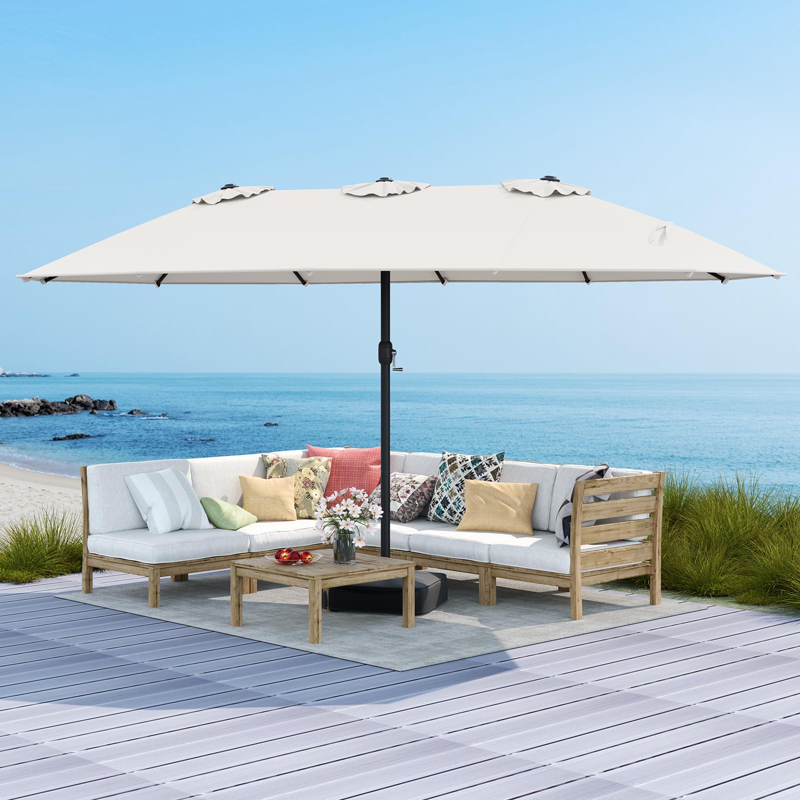 BECOMFORT 15Ft Large Double Side Patio Umbrella w/Base Included, Extra Large Outdoor Umbrella w/ 12 Metal Ribs, Air Vents, Crank System & Sand Bags, Twin Umbrella For Garden Backyard Pool (