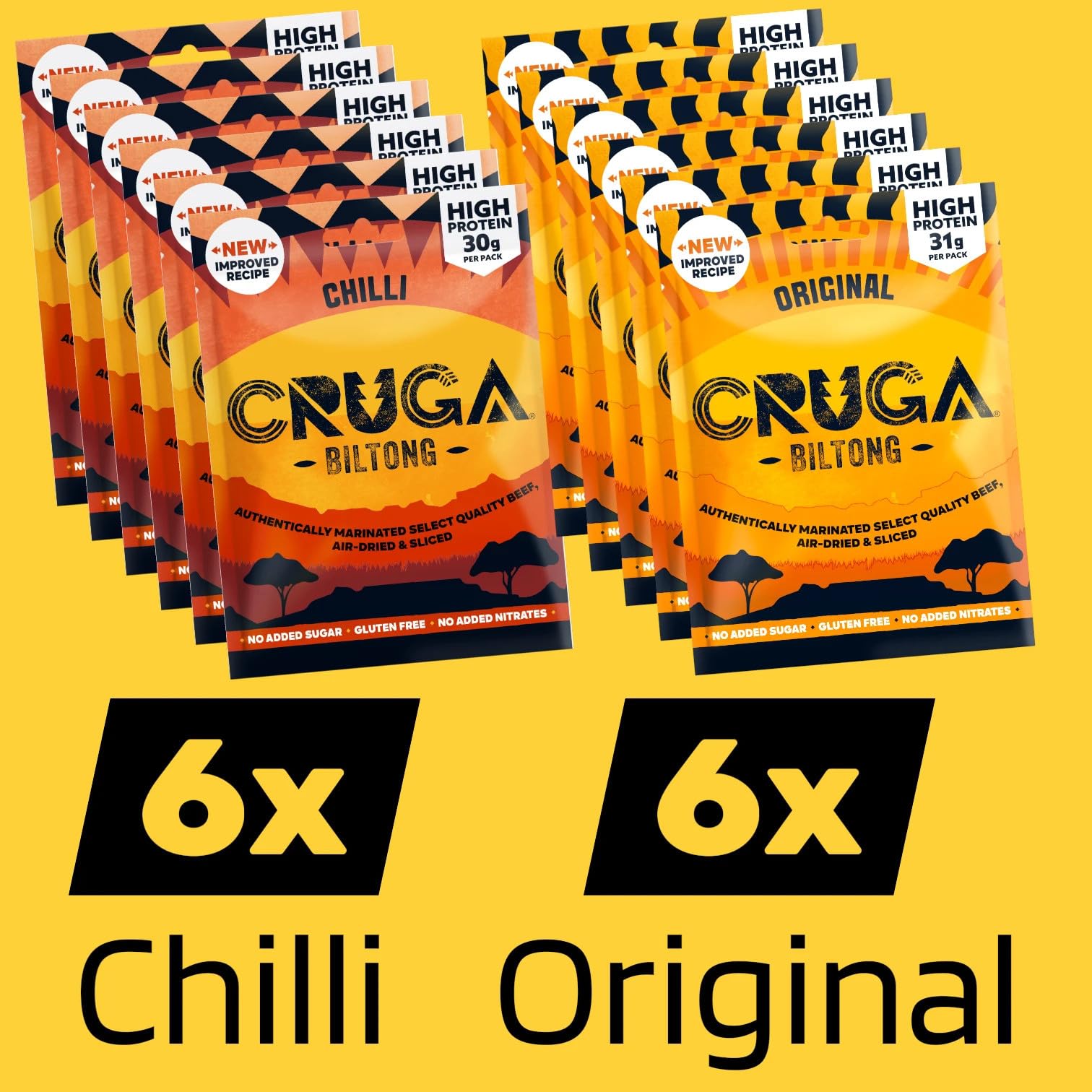 Cruga Biltong Mix Box 2 Sorten je 6 Tüten à 60g – Premium Rindfleisch Trockenfleisch – High Protein Snack über 50% Eiweiß – 6x Original & 6x Chilli
