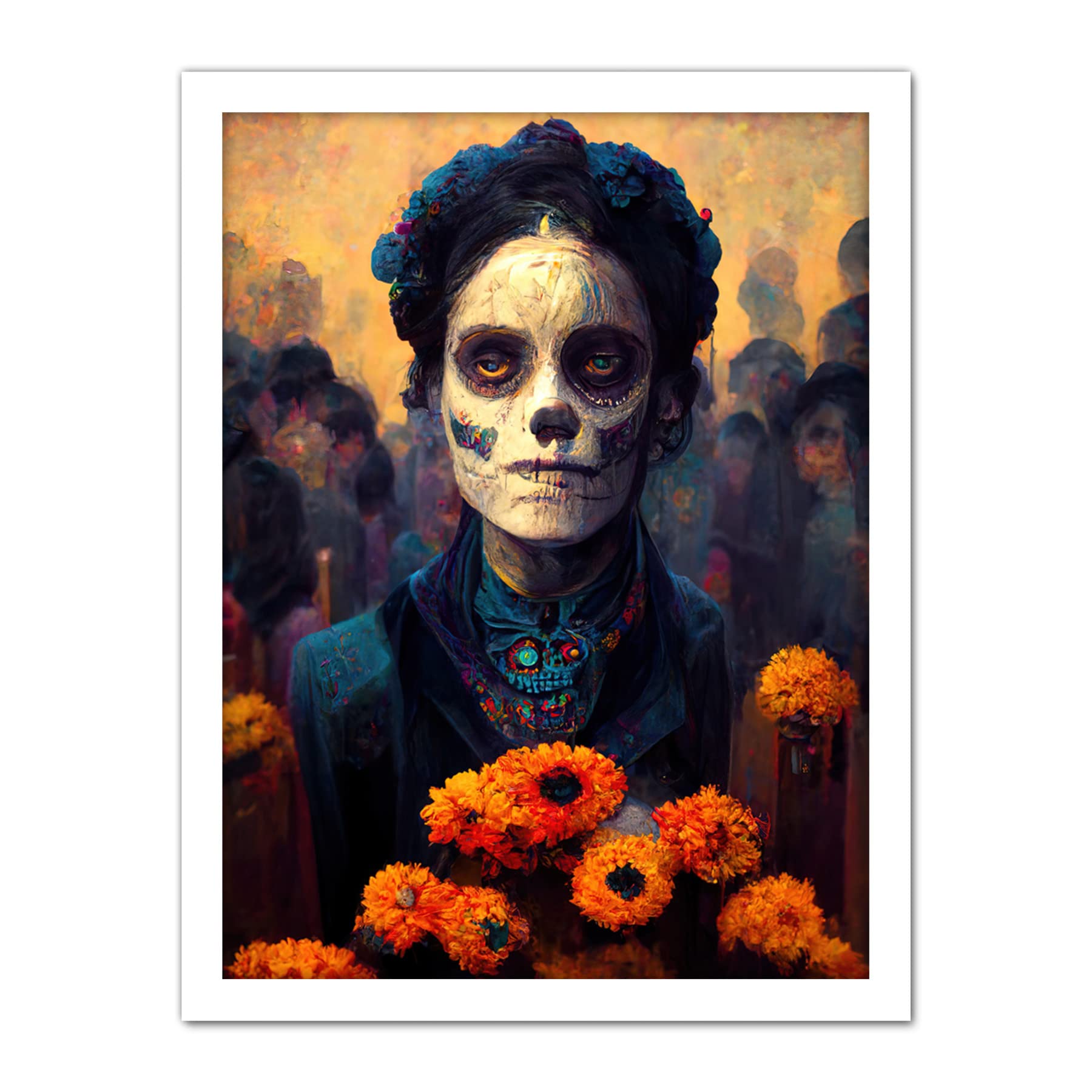 Day Of Dead Skull Marigold Flowers Artwork Framed Wall Art Print 18X24 Inch
