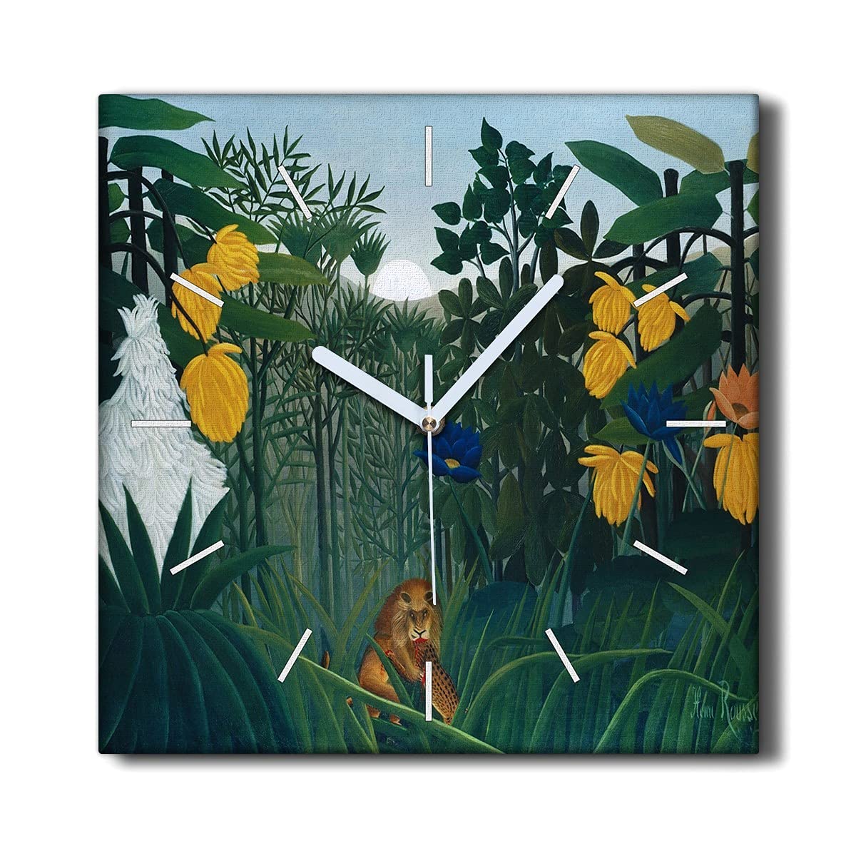Horloge sur Toile 30x30cm Lion et Fleurs silencieuse pour décoration salon
