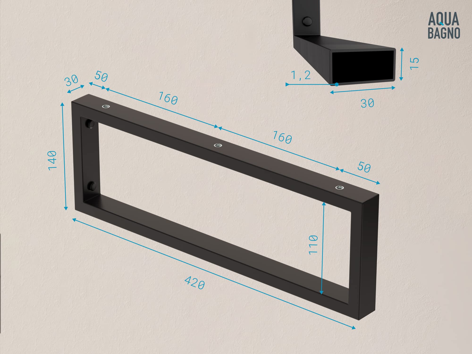 Aqua Bagno Consola de pared de acero inoxidable – Juego de 2 unidades, negro mate, soporte para estanterías | Soporte estable para lavabo, tornillos de montaje ocultos, soporte de consola
