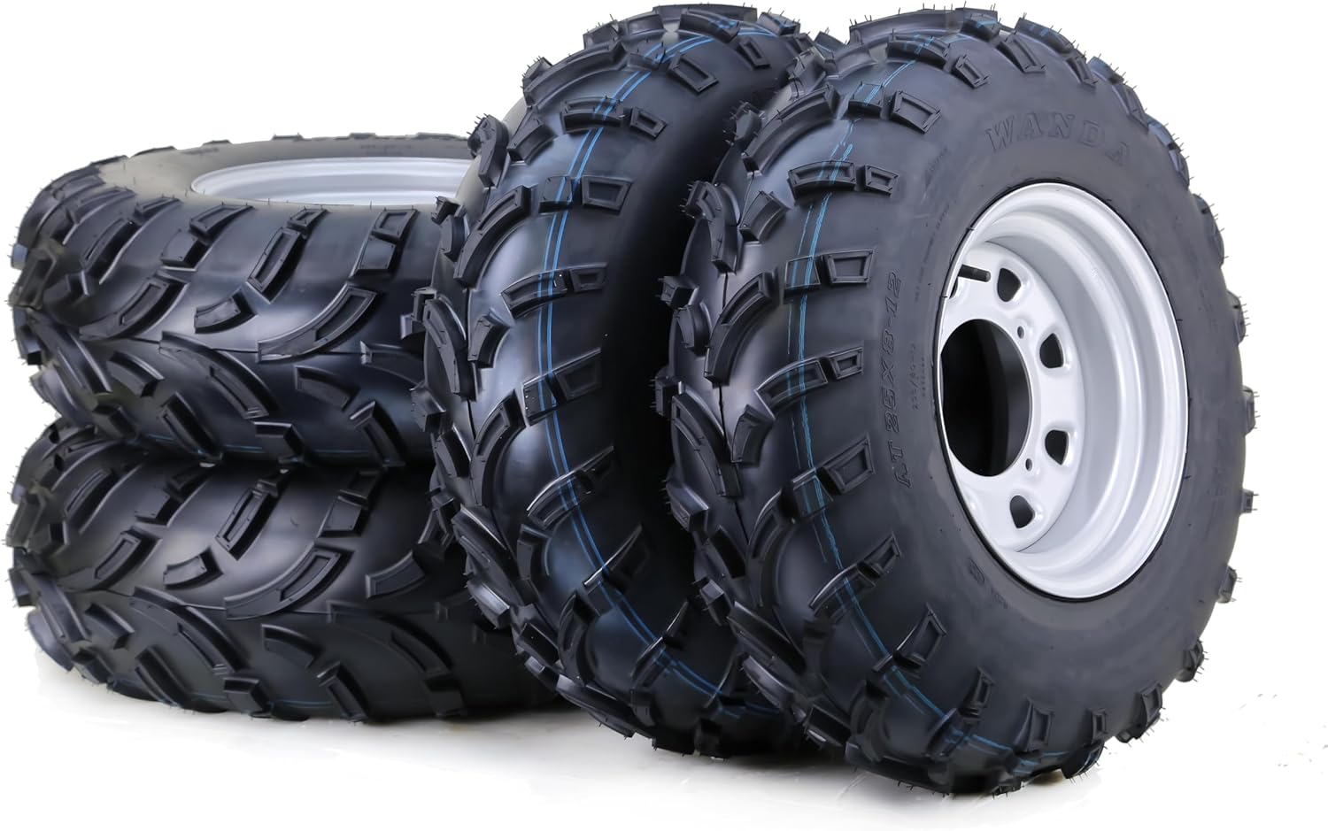WANDA ATV Tire Wheel Assembly Set 25x8-12 25x10-12 Light Mud 6-Ply on 4-156 PCD 4+3 Silver Wheels, SET 4