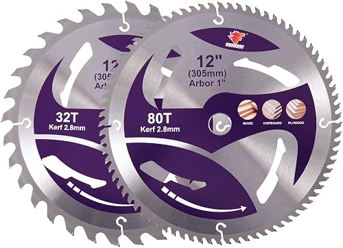 12" Circular Saw Blade, 32T&80T 2pcs-Set, Table Saw Blade, Miter Saw Blade. | Diameter 12 inch Table Saw blade, 12 Miter Saw Blade. Arbor 1 inch, for Cutting Various Wood, Plastic and Composite Materials