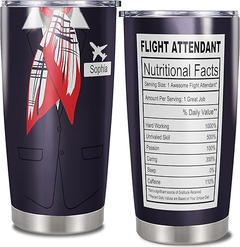 Vaso personalizado de asistente de vuelo con nombre personalizado, datos nutricionales, taza de café de viaje de acero inoxidable de 20 onzas, taza