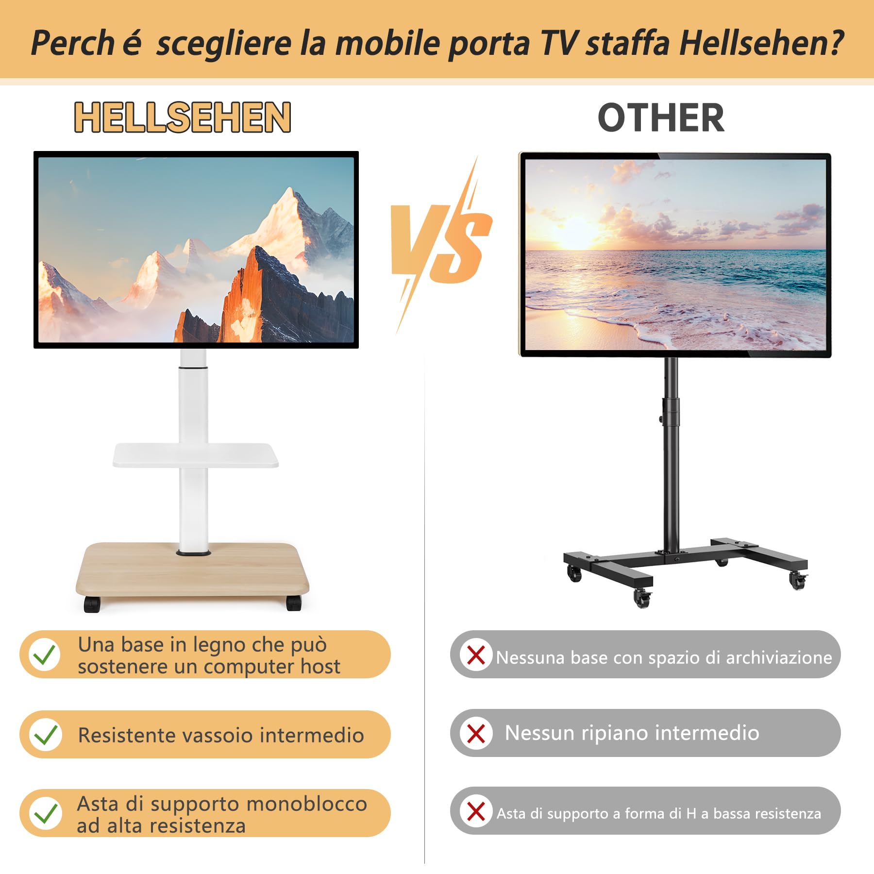 Supporto per TV con ruote bloccabili e ripiano per laptop, per schermi LED LCD OLED da 32-70 pollici, fino a 45,4 kg, altezza regolabile