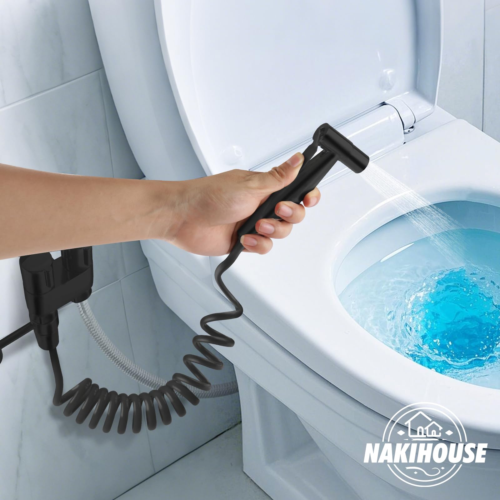 Bidet Handbrause für Toilette, Edelstahl Bidet Handbrause Set mit 1-in-2-Out Doppelsteuerventil Wasserhahnspender und Schlauch zum Waschen von Haustieren, Reinigen des Bades, Schwarz