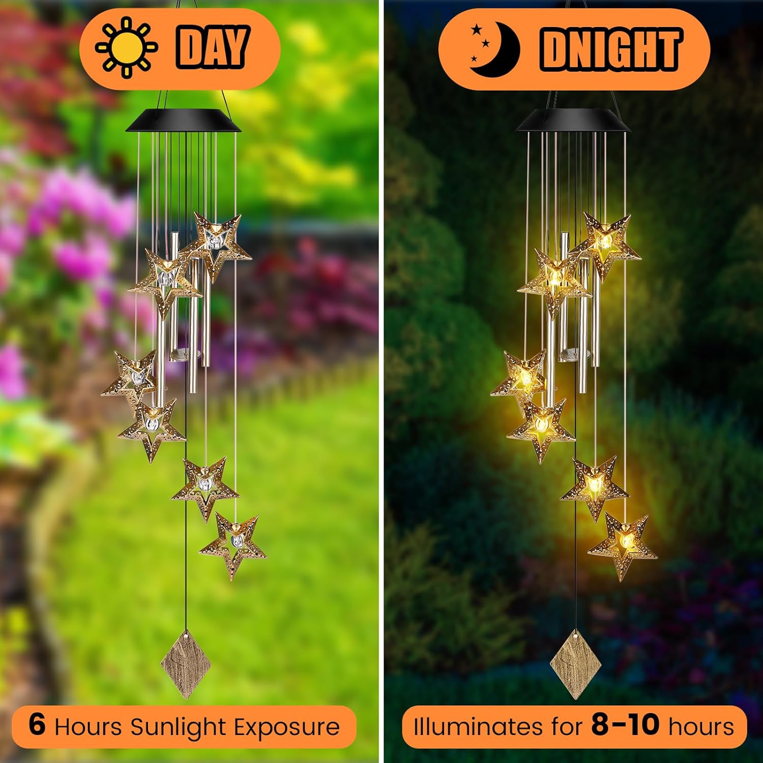 Colingmill Solar Wind Chimes for Outside Waterproof Hanging Wind Chimes Lights Outdoor Decor Yard Garden Gifts for Mother Mom Grandma Wife Neighbors(Star,Warm Colored Lights)