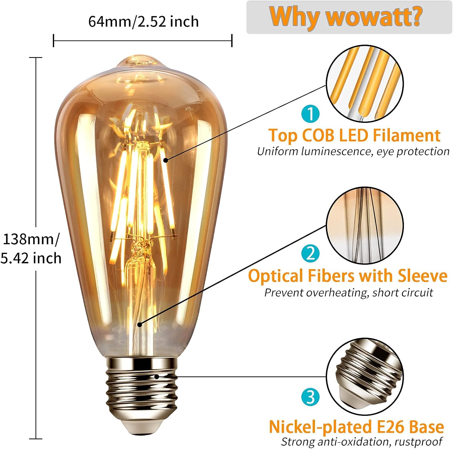 Black Friday - 50% OFF Wowatt ST64 E26 LED Edison Light Bulb Amber 6W = 60 Watt, E26 Medium Base Soft Warm White 2700K 120V 600 Lumen Vintage Retro LED Light Bulbs ST19 for Bedroom Decor, Home Decor 6 Pack Not Dimmable