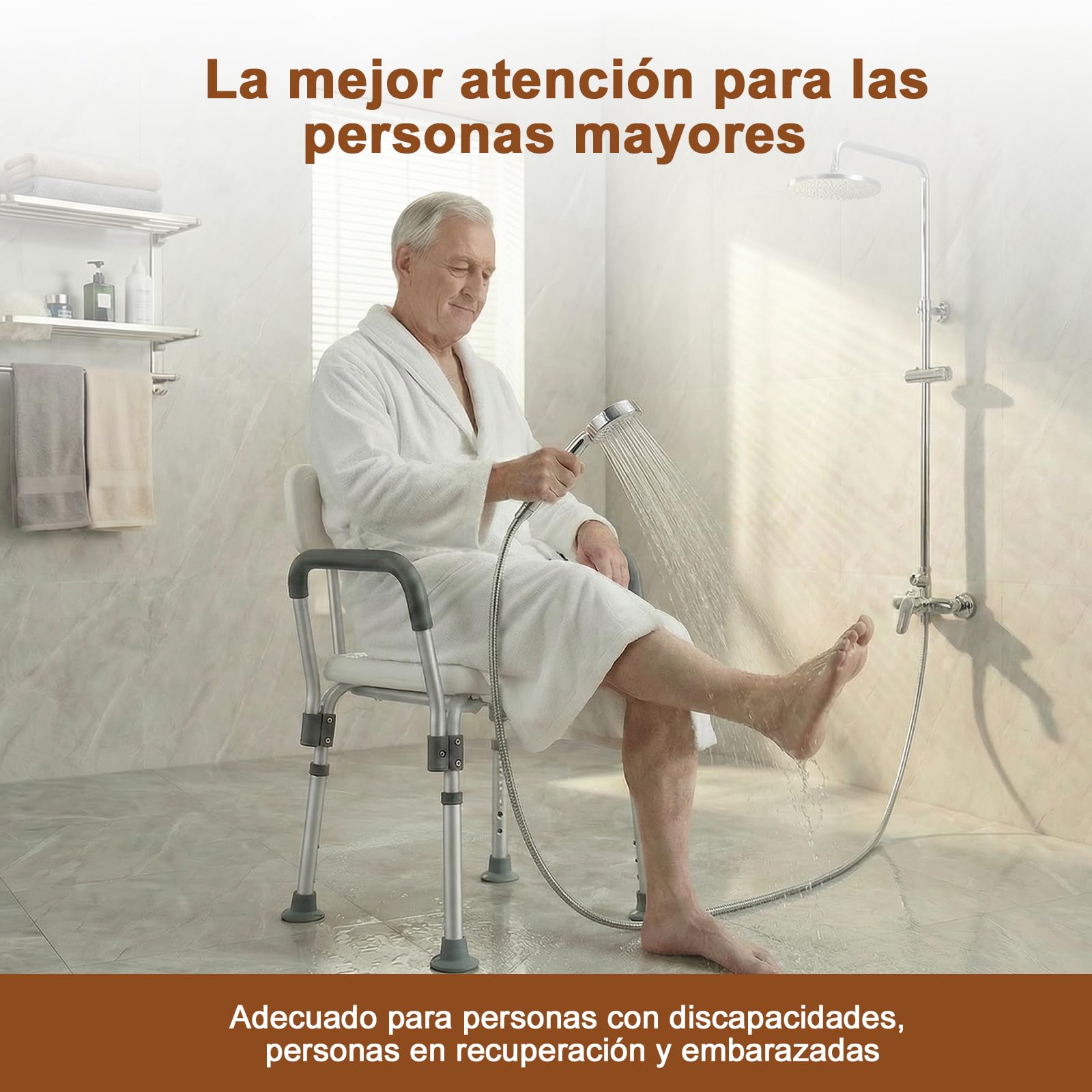 Taburete de Ducha Seguro para Personas Mayores, con reposabrazos Ajustables en Altura, Almohadillas Antideslizantes, Orificios de Drenaje y Estructura Ligera de aleación de Aluminio
