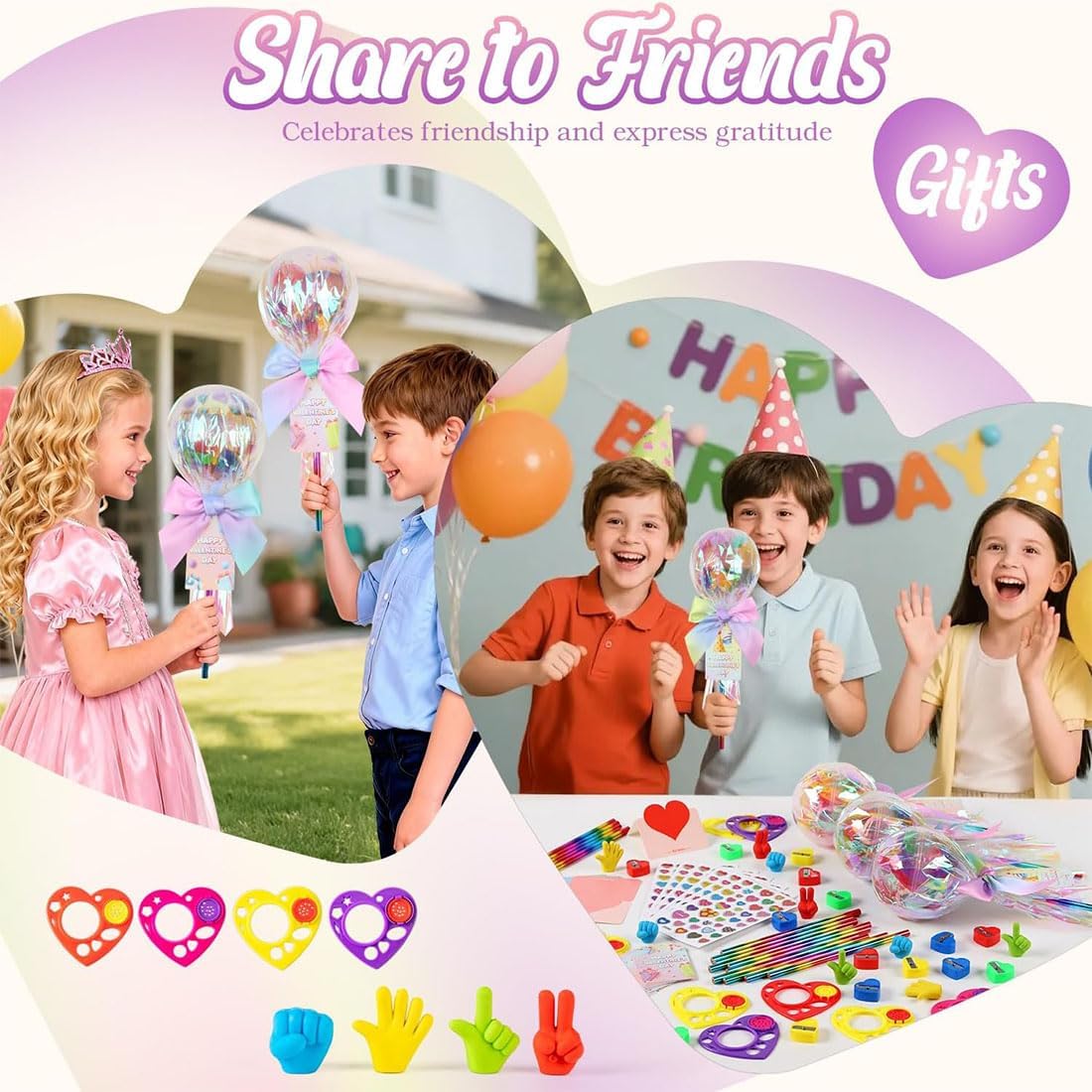 Lollipop Valentine Kit, 24 Pack Valentines Day Gifts with Cards, Rainbow Stationery Set Includes Bow Ball Pencil Sharpener Stamper Sticker, Valentine-s Gifts for Kids Classroom (1pcs)