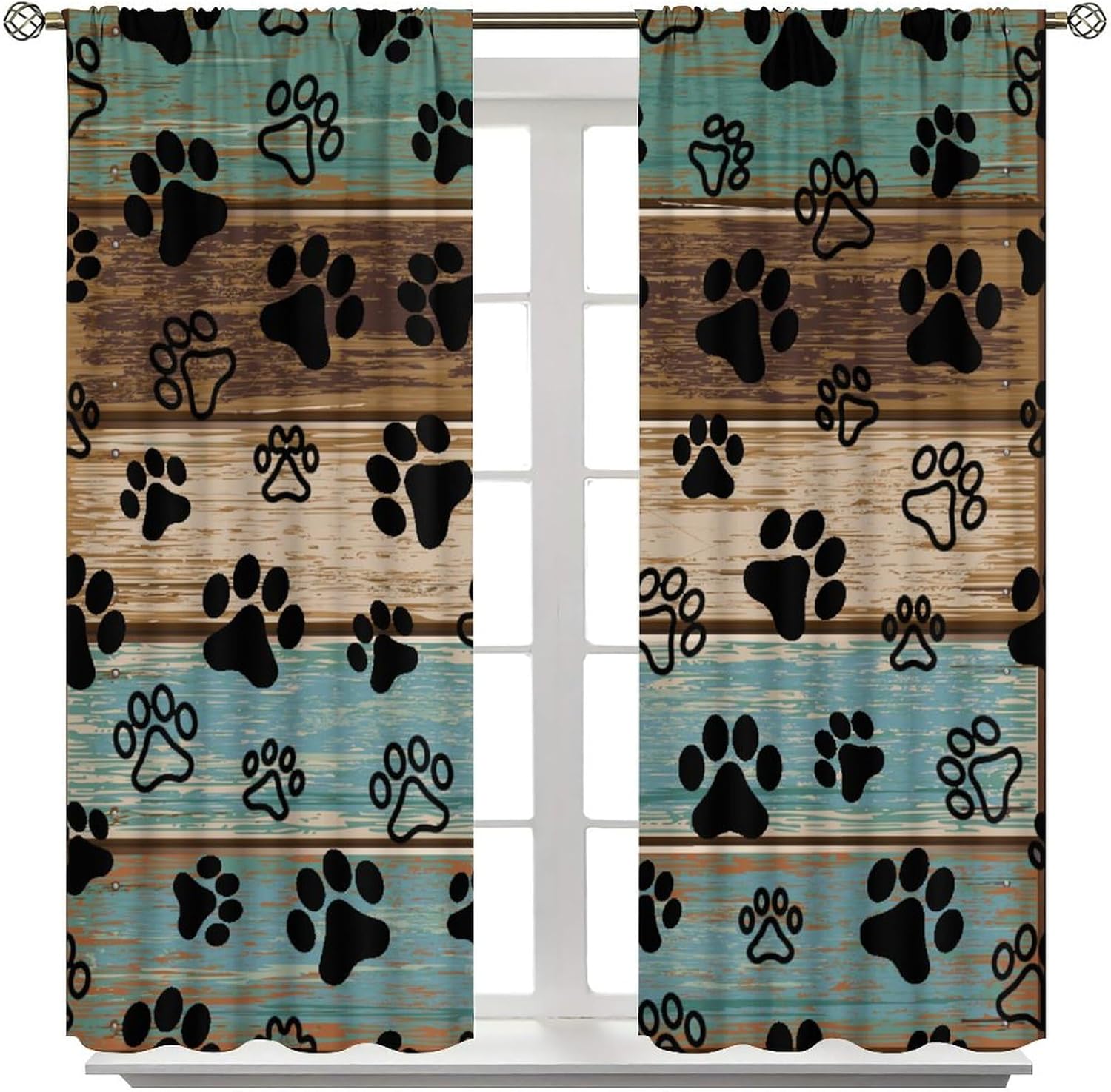 Dog Paws Prints Blackout Curtain, Rustic Turquoise Semi, Teal Wood Puppy Paws for Home Kitchen Livingroom Coffee Room Window Curtain 2Panel 42" W X 45" L