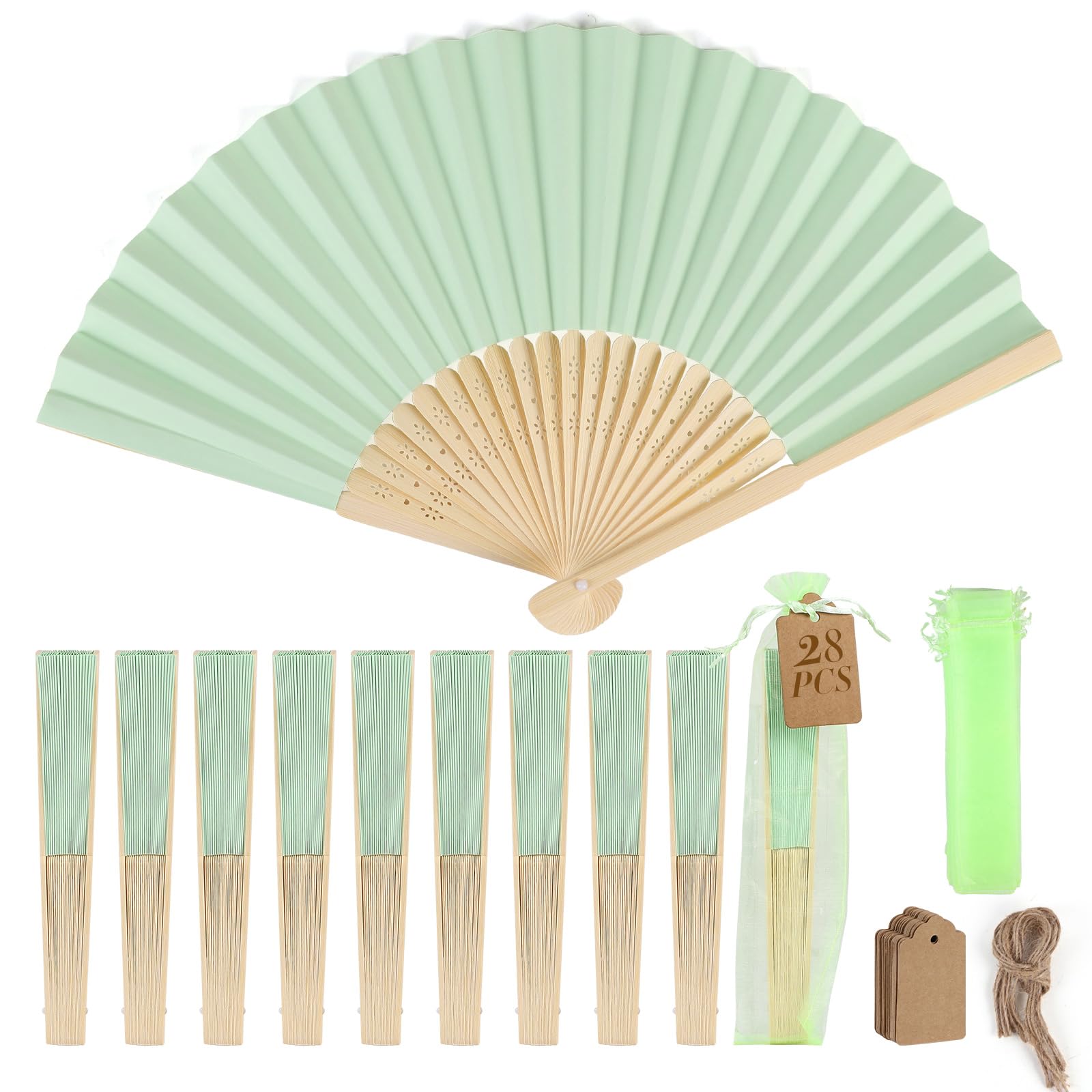 Éventails pliants pliables SWAWIS en papier vert clair pastel durable
