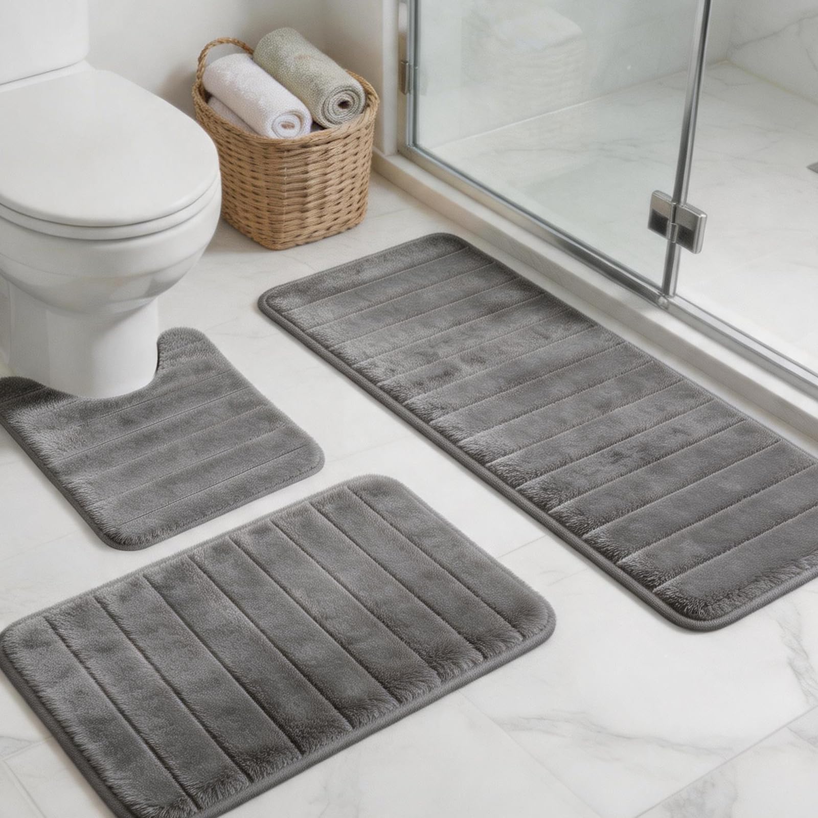 Zourglow 3 Piece Bath Mat Set Non Slip, Superior Absorbency Shower Mat, Soft and Quick-Drying Bathroom Mat, Bath Rug for Bathroom Floor (Grey)