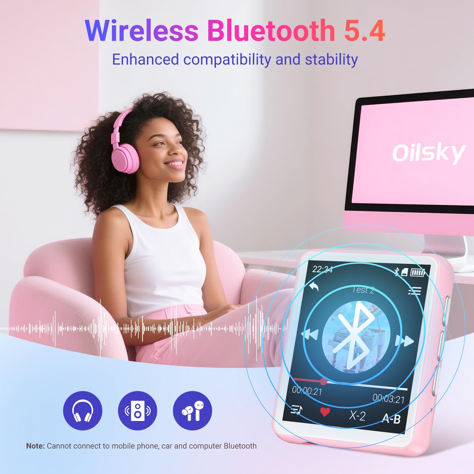 128GB Lettore MP3 con Bluetooth, Oilsky 1,8'' Mini Touchscreen MP3, Altoparlanti Incorporati e Radio FM, Lettore Musicale Perfetto per Bambini e Sport (Rosa)