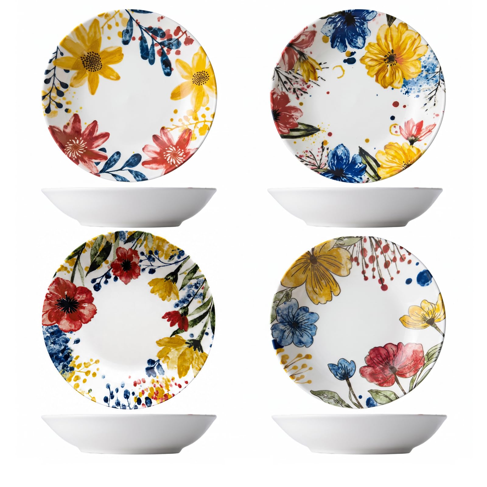 TuYines Ceramic Deep Dinner Plates Set of 4 Patterned,8 Inch Ceramic Dessert Plates,Deep Salad Plates Set,Dinnerware Set for Pasta Bowls,Ramen Microwave & Dishwasher Safe