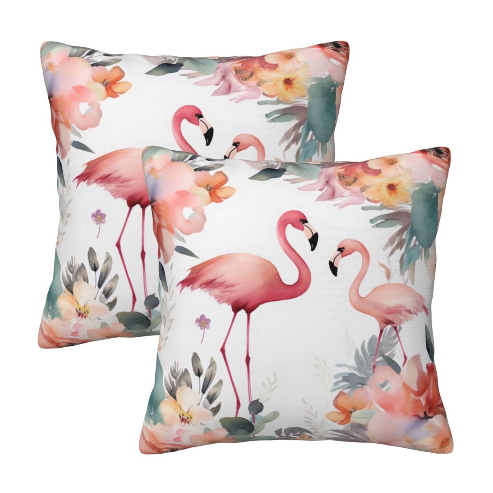 Floral with Flamingo Throw Pillow Cases 2 Pack Square Pillowcases Soft Pillow Protectors for Couch Livingroom Sofa Bed Office Car,40x40 CM