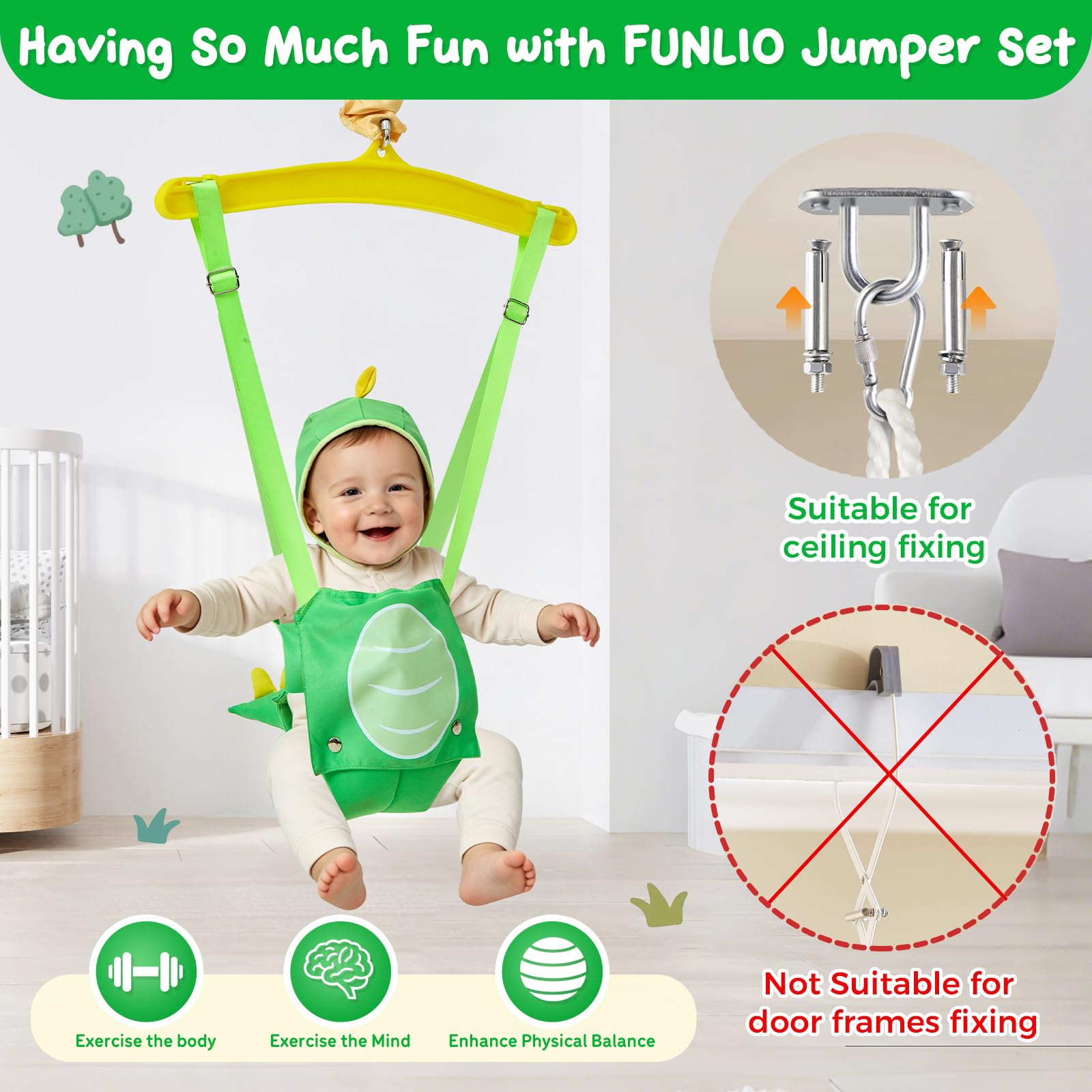 FUNLIO Baby Jumper avec crochet de plafond pour 6–24 mois, sauteur de porte pour intérieur/extérieur, chaîne réglable, facile à installer et à ranger (avec crochet de plafond) – Dinosaure Vert