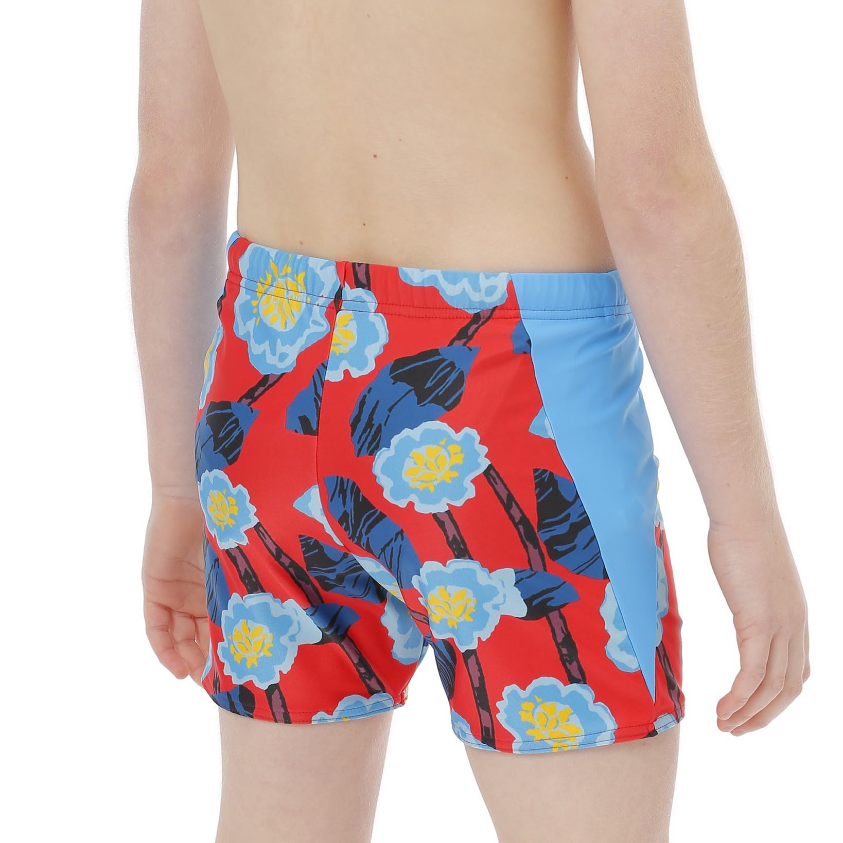 Short de bain pour garçons et filles, motif floral bleu avec slip intérieur imperméable intégré, tissu résistant au chlore UVF 50+