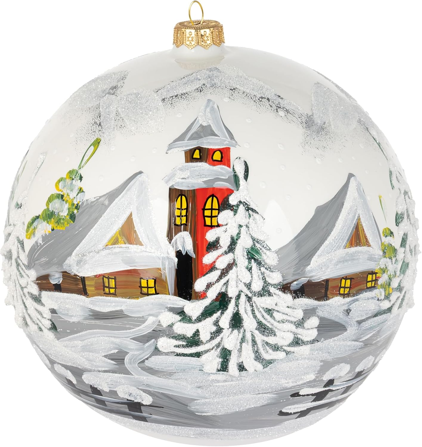 White Glossy Christmas Ornament with Stand Polish Blown Glass Ball Extra Large Bauble 8 inch/200mm Hand Painted The First Snow
