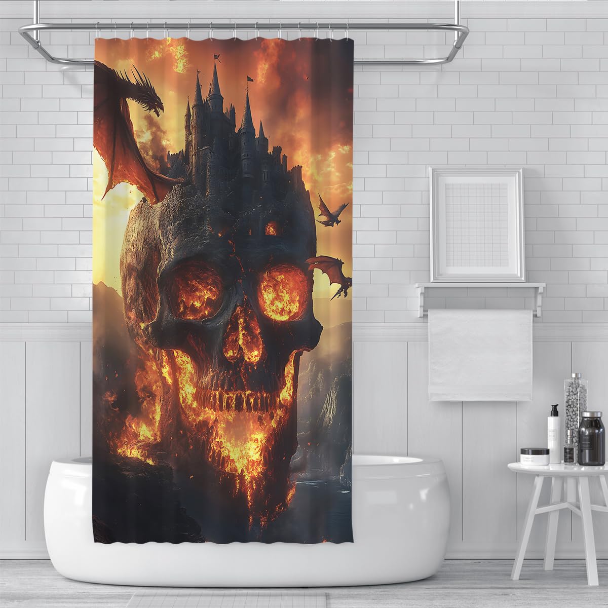 Dragon Castle Skull Duschvorhang Gothic Halloween Badezimmer 150x200cm