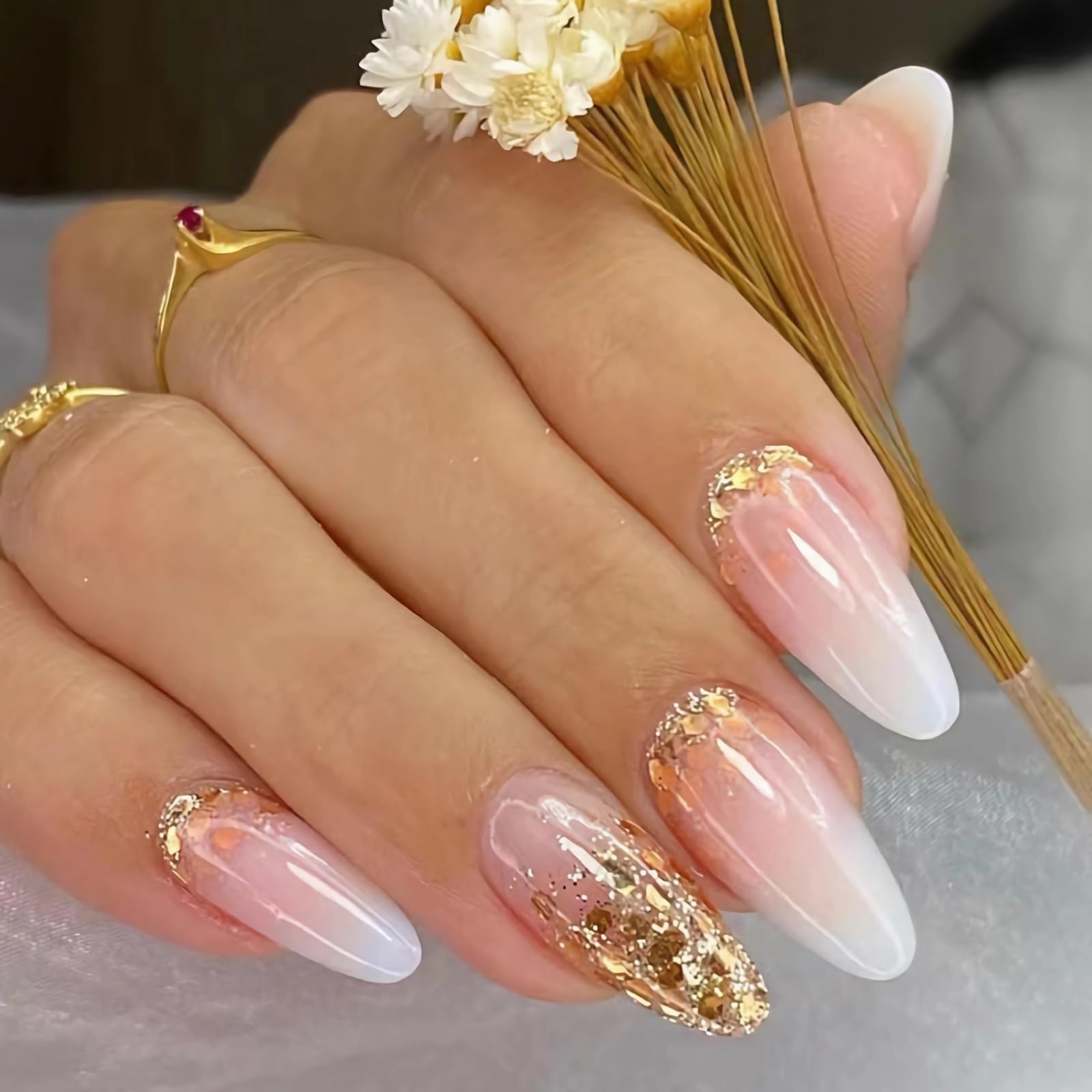 BABALAL Almond Press On Nails - Medium Gold Glitter Glue 24Pcs Stick On Stiletto Acrylic Nails for Women & Girls