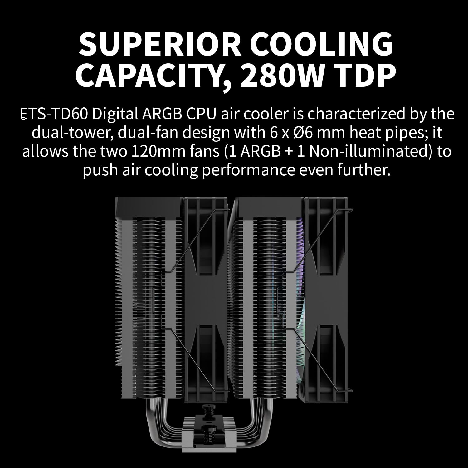 ENERMAX ETS-TD60D-ARGB Dual-Tower | Cyfrowy wskaźnik statusu | 2 x 120 mm łożysko PWM FAN FDB |TDP 250W +|6x 6mm Composite Heatpipes |w zestawie Dow Corning TC-5888 |Intel LGA1851/1700/115x AMD AM5