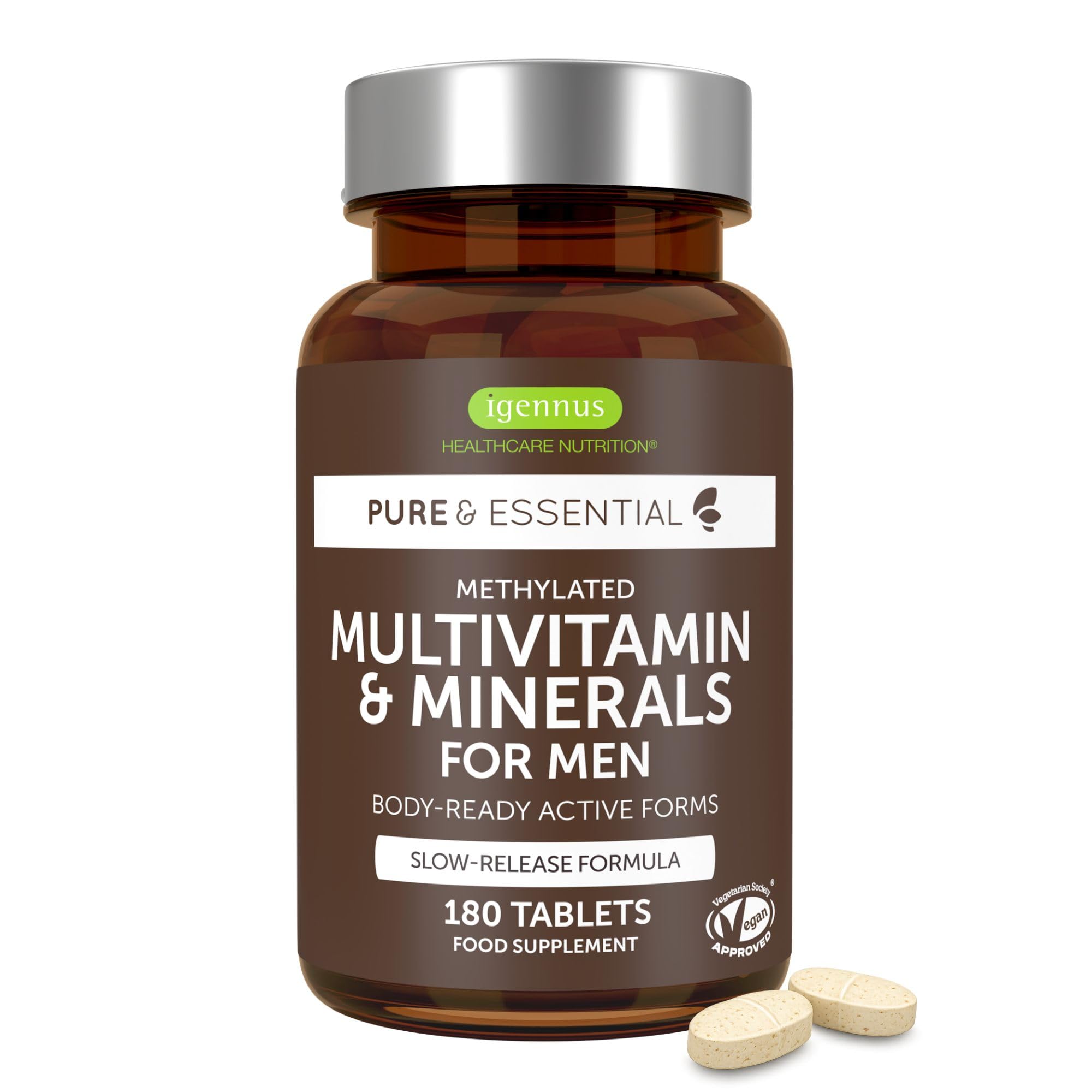 Igennus Methyliertes Multivitamin für Männer mit 21 aktiven Nährstoffen, Langzeitformel, Clean Label, Methylfolat & Methylcobalamin, hochdosiert & MTHFR-geeignet, GVO-frei & halal, 180 Tabletten