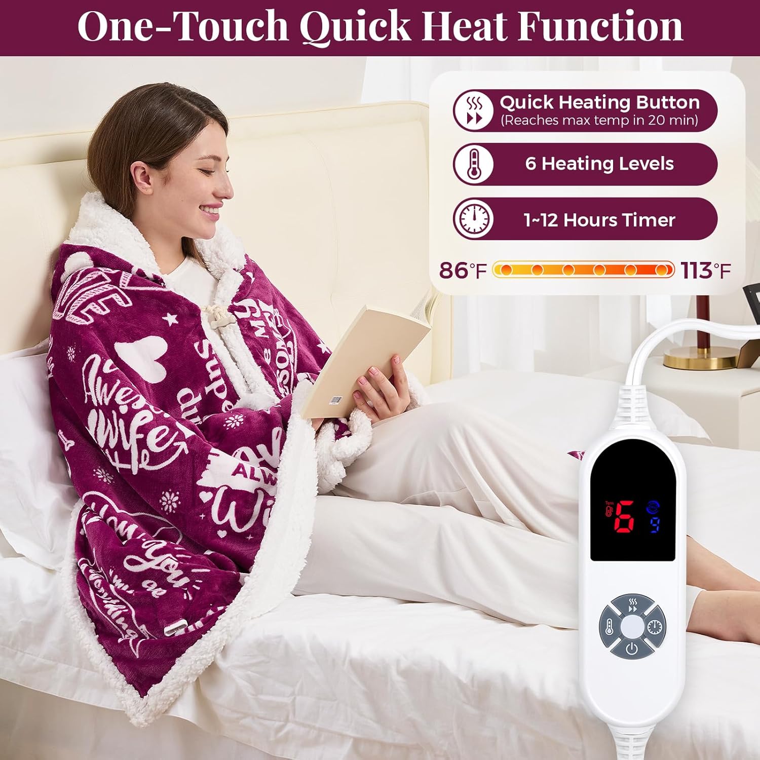 Wearable Heated Blanket Hoodie for Women, Valentines Day Gifts for Her Wife Women, Electric Throw Blanket, Heated Shawl Wraps Poncho, Mothers Day Birthday Anniversary Day Gift, To My Wife, Magenta - Image 5