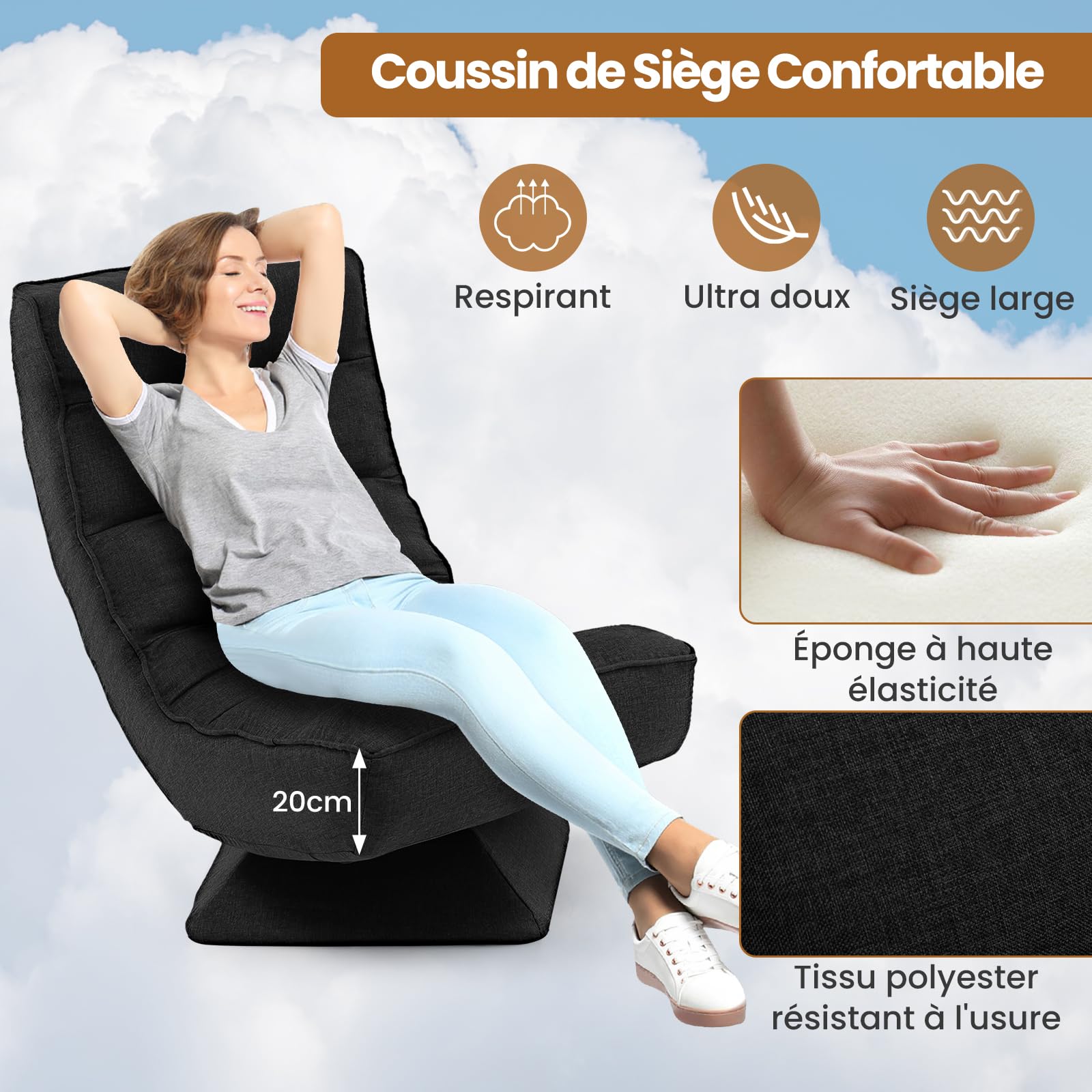 GOPLUS Silla de Suelo giratoria Plegable con Respaldo Ajustable de 5 Posiciones y cojín, sofá reclinable meditación Carga 110 kg, salón y Dormitorio， 63 x 71 x 92,5 cm (Negro)
