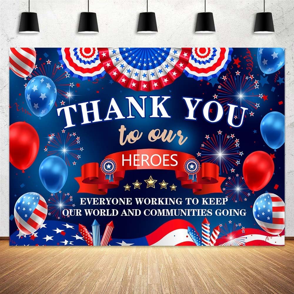 7x5 ft Thank You to Our Heroes Banner Decorations, Patriotic Happy Veterans Day Backdrop Background for Greeting Police Military Army Employees Heroes Theme Party Supplies