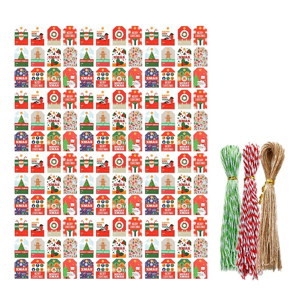 Etiquetas Kraft, Etiquetas 144 Etiqueta de Papel Kraft con 50 Cuerdas de Yute Etiqueta de Navidad de Navidad Kraft con Cuerda Etiquetas de Regalo de Kraft para árbol de Navidad,