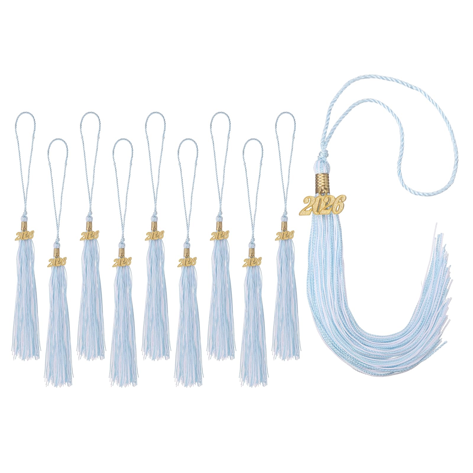 sourcing map 10pcs 2026 Tassel Graduation, Blue White Graduation Cap Tassels Decorations with Gold Date Charms Memorial Cord for 2026 Ceremonies Hat Accessories Graduating Gifts