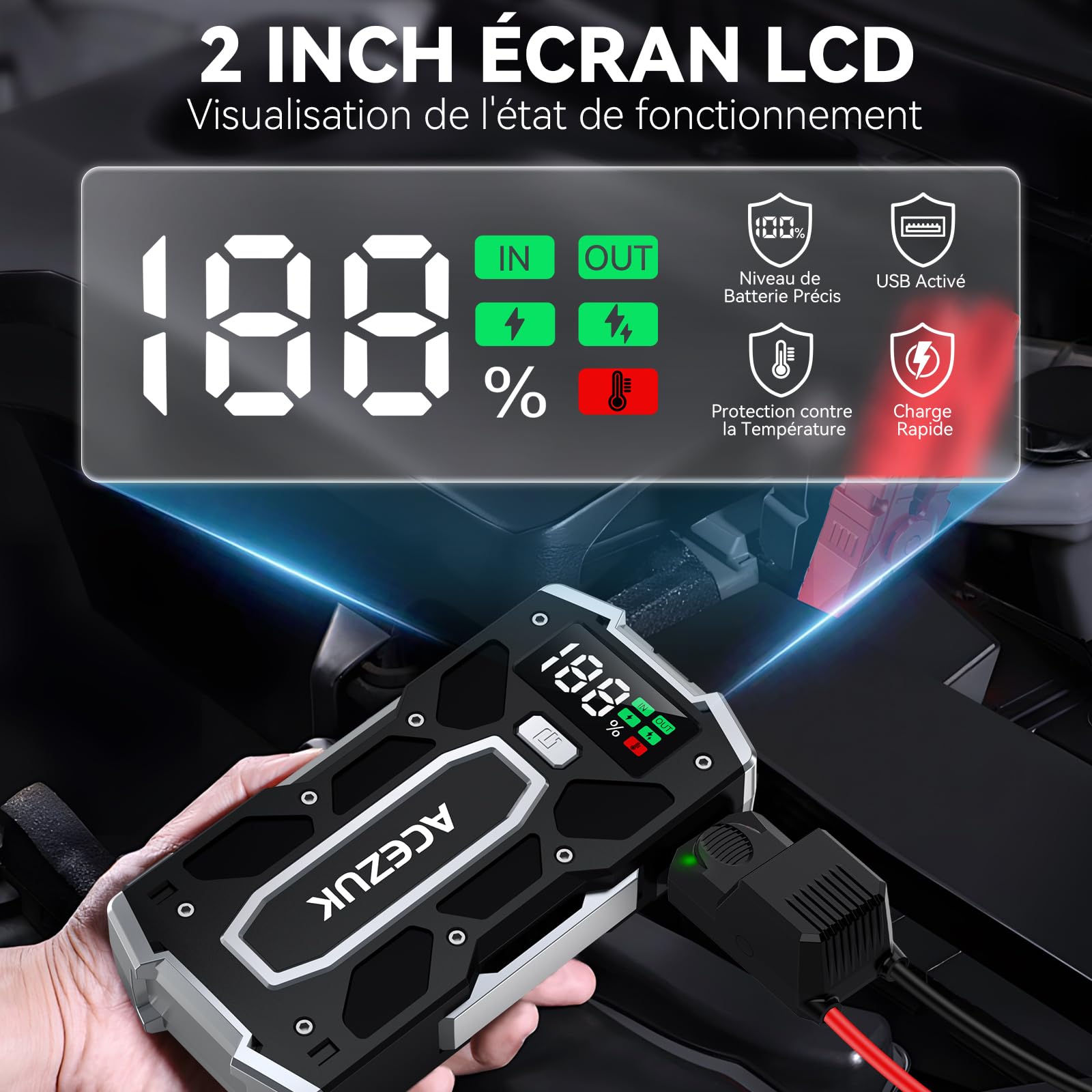ACEZUK Booster Batterie Voiture 9000A, Démarreur de Batterie de Voiture Portable(Jusqu'à 8.0L Diesel ou 10.0L Gaz), 12V Jump Starter, Pinces Intelligentes avec Écran, Lumière LED, Port de QC3.0