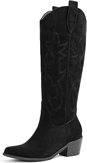Erocalli White Cowgirl Boot Cowboy Boots for Women Embroidered Pull-On Chunky Stacked Heel Knee High Western Boots