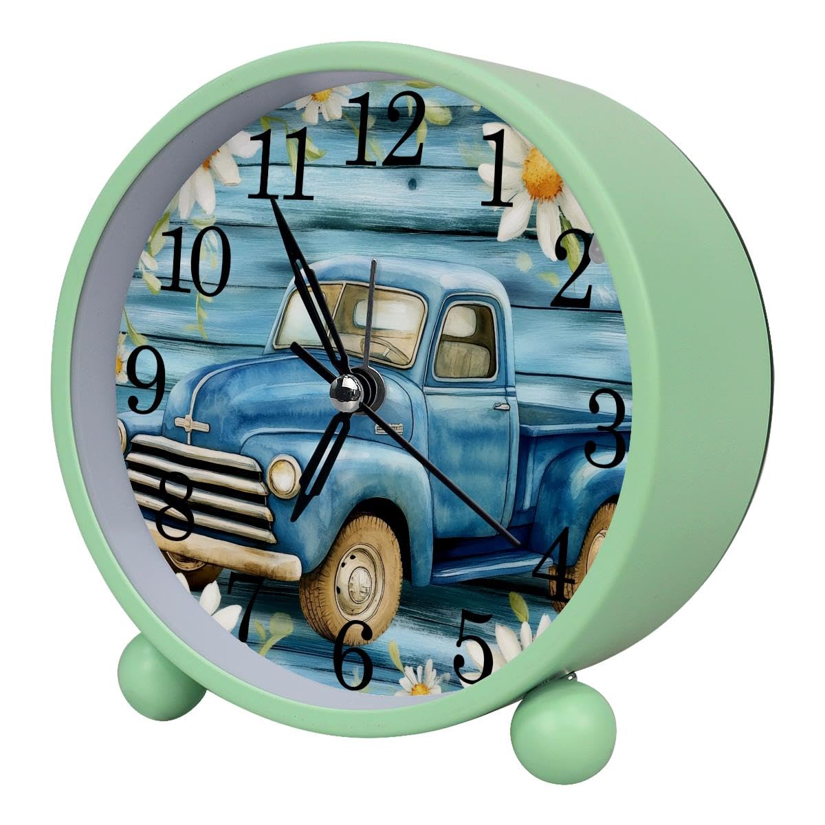 Alarm Clock Daisies Truck Rustic Plank, Silent Non-Ticking with Night Light