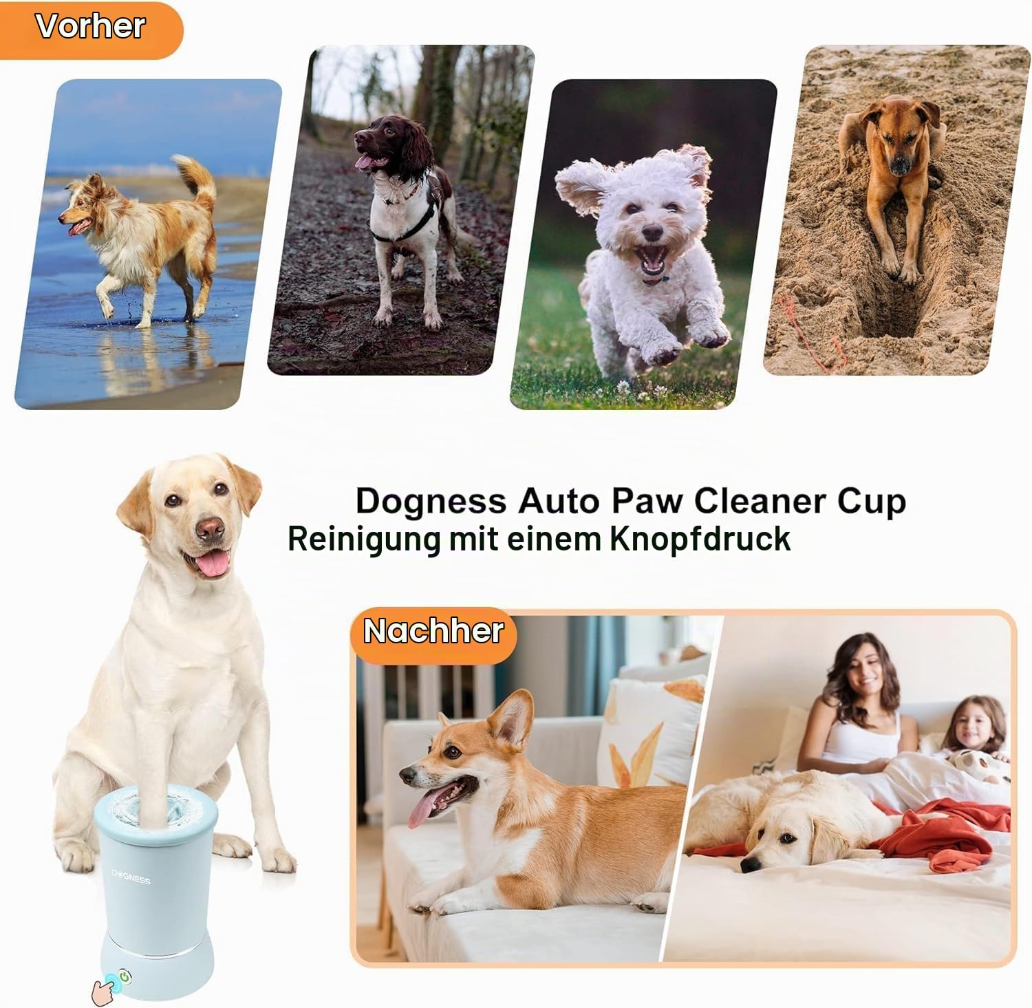 DOGNESS Pfotenreiniger für Hunde, Automatischer Hundepfoten Reiniger mit Weichem Silikon, 2000mAh, USB-Aufladung, 360° Rundum Hunde Pfotenreiniger zur Massage